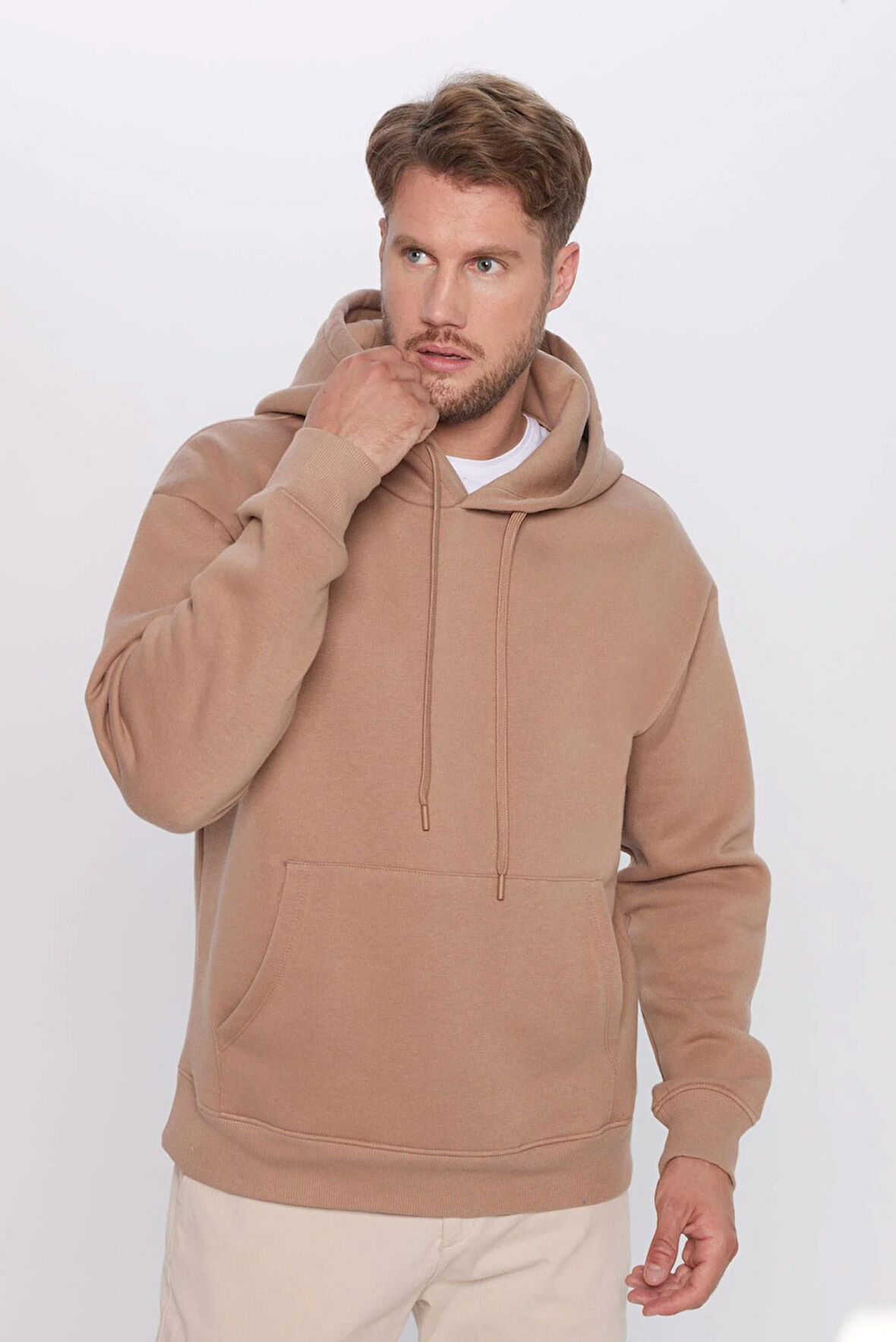 Unisex Oversize Geniş Kesim Pamuklu Yumuşak Dokulu İçi Polarlı Basic Vizon Renk Kapüşonlu Sweatshirt