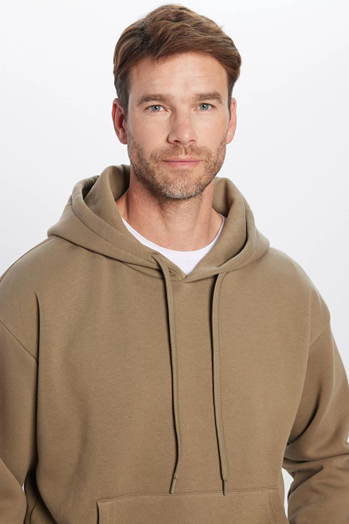 Unisex Oversize Geniş Kesim Pamuklu Yumuşak Dokulu İçi Polarlı Basic Haki Kapüşonlu Sweatshirt