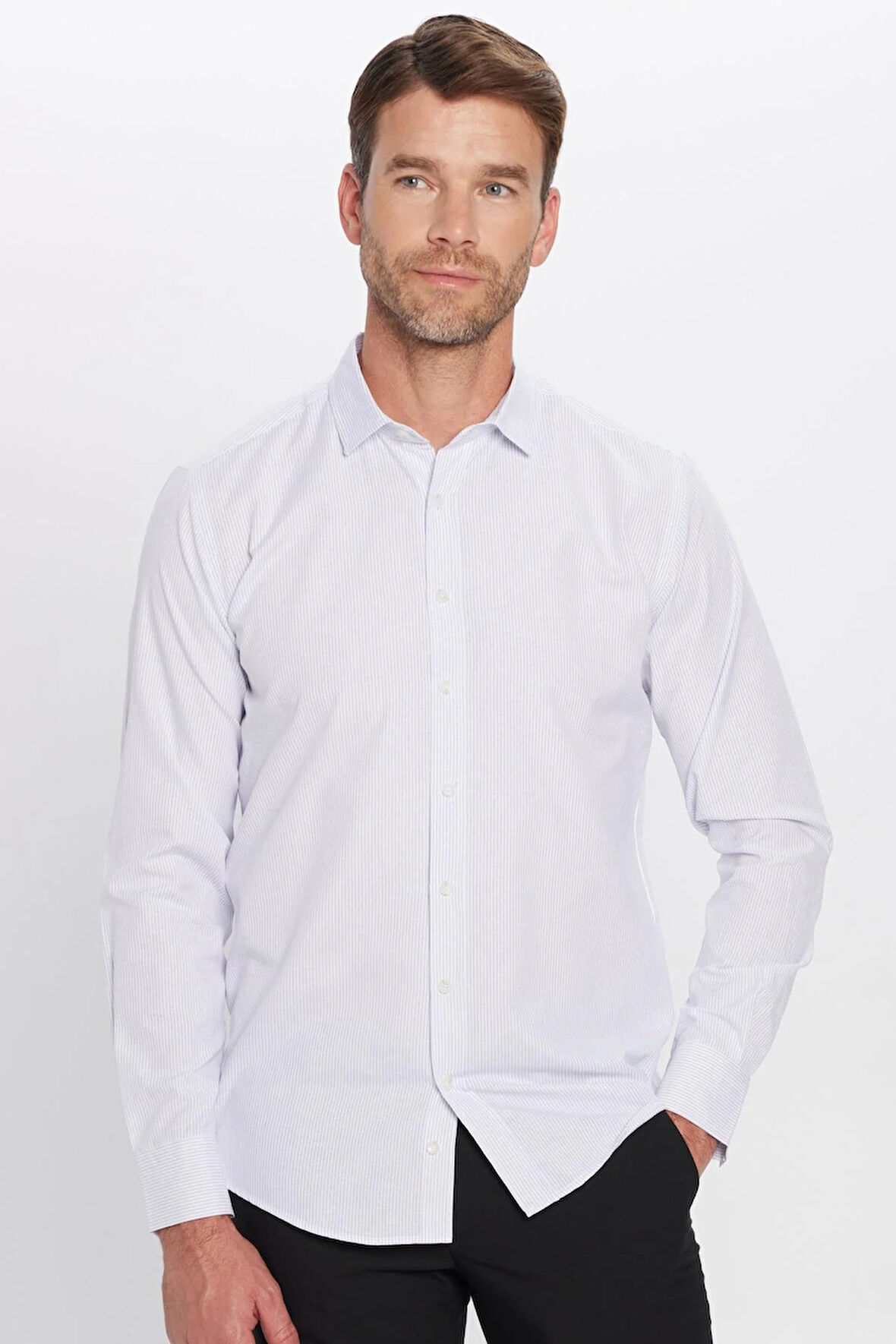 Erkek Modern Slim Fit Dar Kesim Uzun Kollu Pamuklu Çizgili 4 Mevsim İtalyan Yaka Gömlek