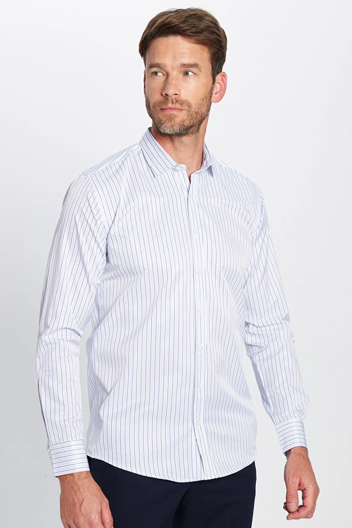 Erkek Modern Slim Fit Dar Kesim Uzun Kollu Pamuklu Çizgili 4 Mevsim İtalyan Yaka Gömlek