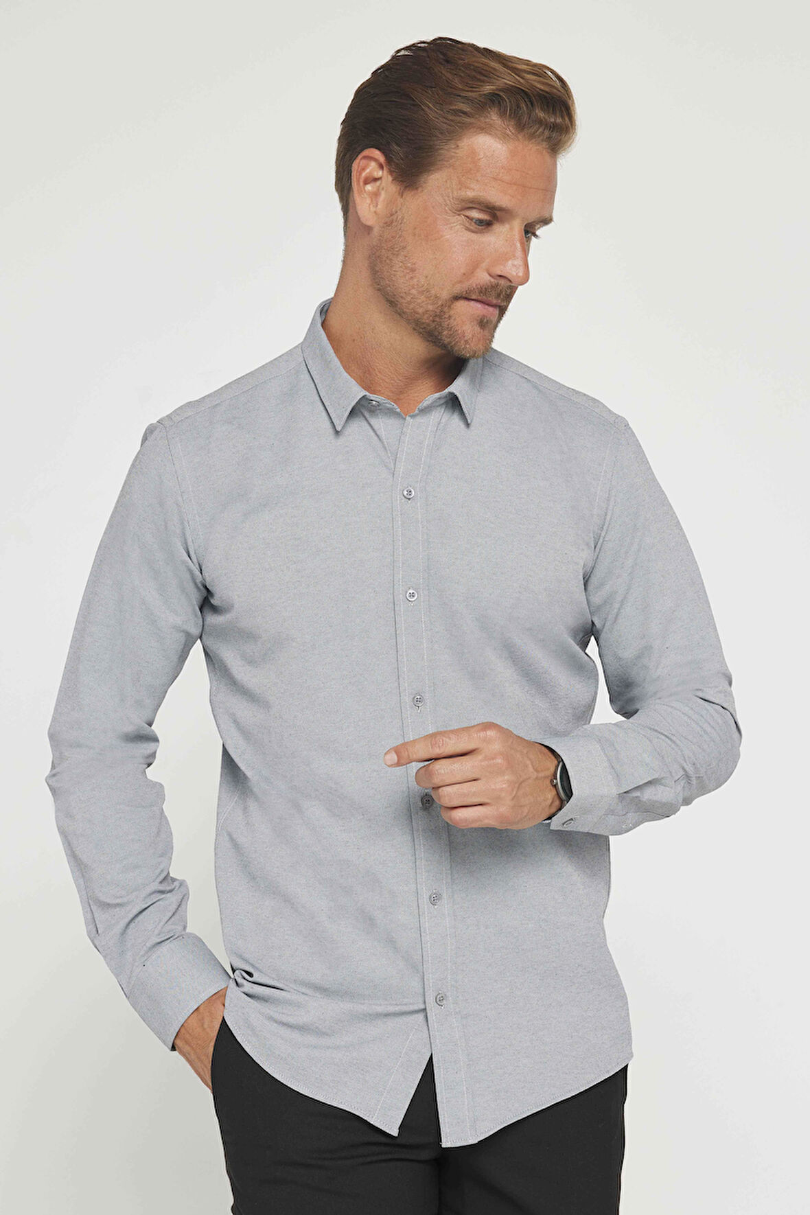 Modern Slim Fit Pamuklu Kolay Ütü Armürlü Erkek Gömlek