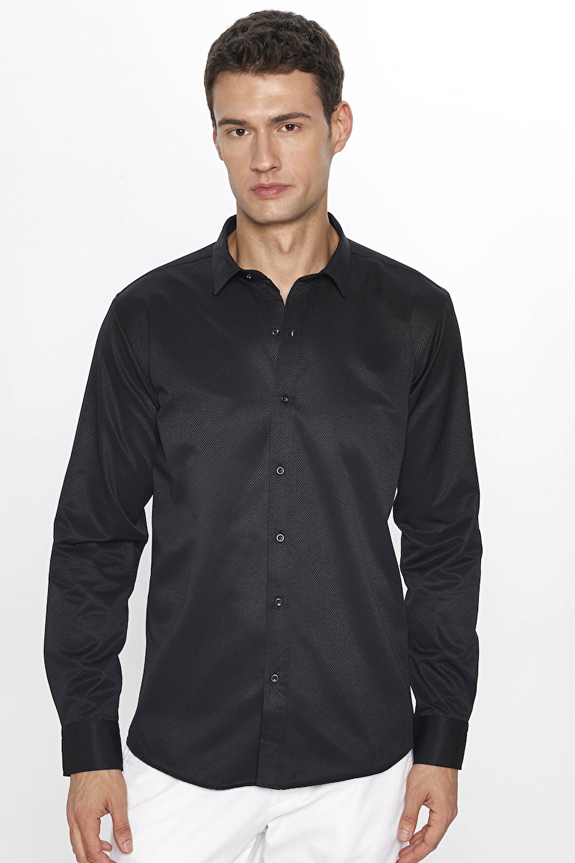 Erkek Modern Slim Fit Dar Kesim Uzun Kollu Pamuklu Kolay Ütü Armürlü Siyah Gömlek