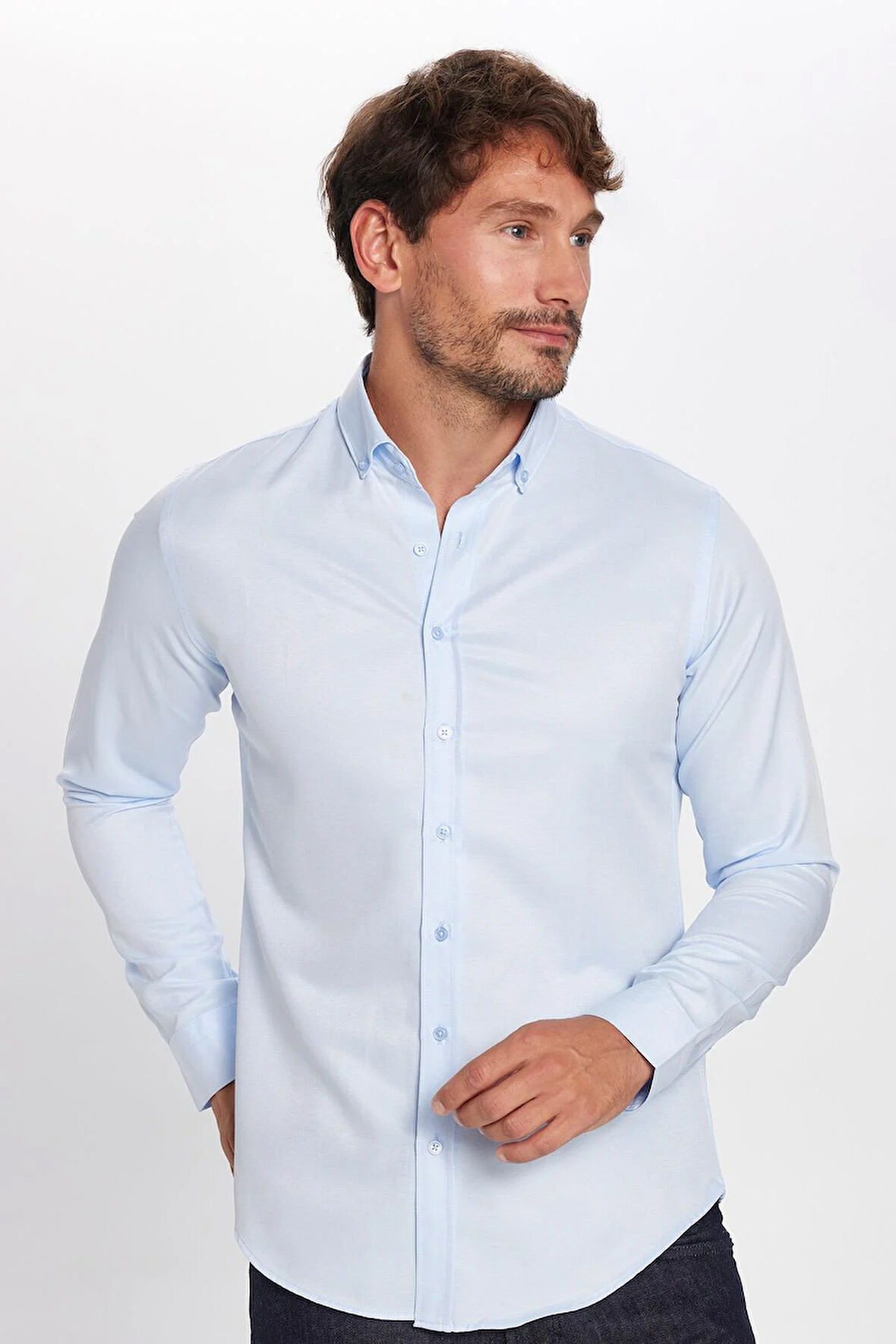 Erkek Slim Fit Dar Kesim Pamuklu Kolay Ütü Mavi Düğmeli Yaka Gömlek