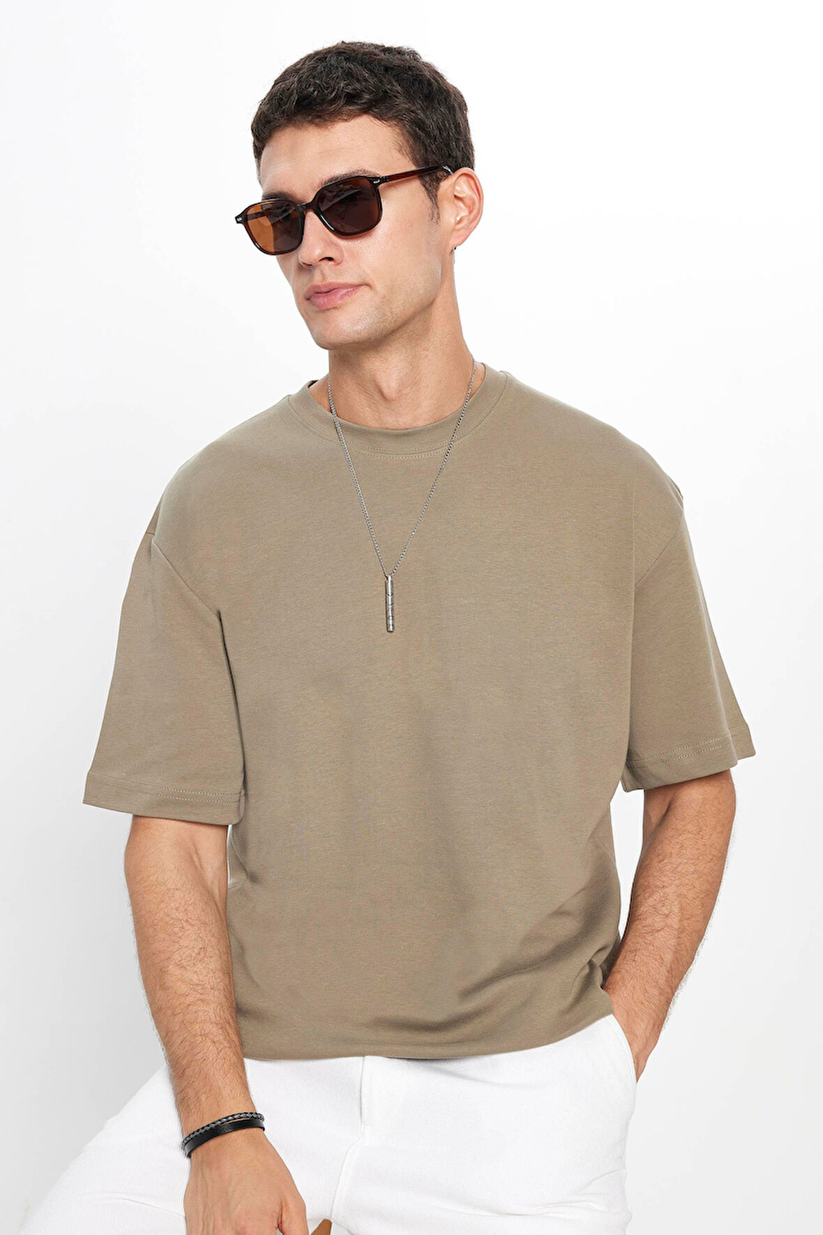 Unisex Oversize Geniş Kesim %100 Pamuk Yumuşak Dokulu Basic Bisiklet Yaka Haki Tişört