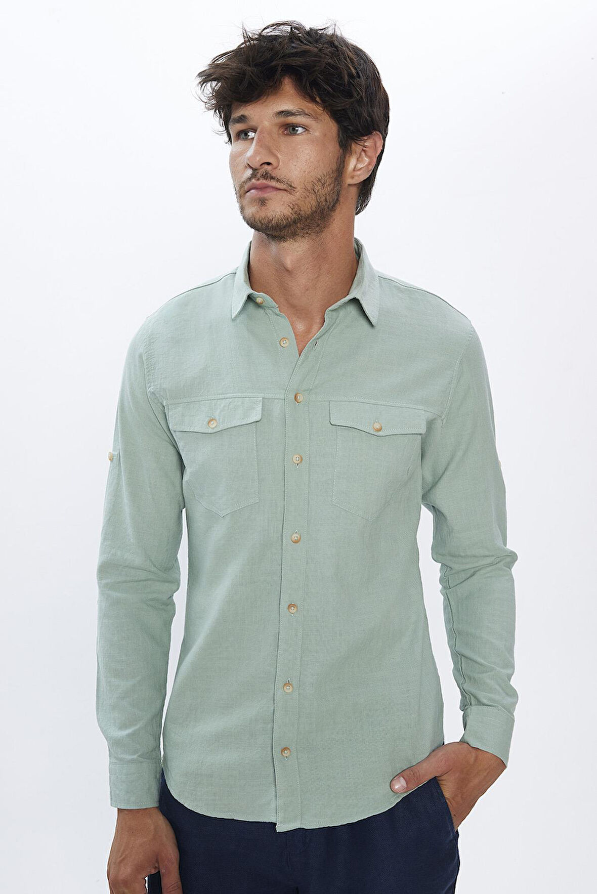 Erkek Slim Fit Dar Kesim %100 Pamuk Keten Doku Çift Cep Spor Yaka Yeşil Gömlek