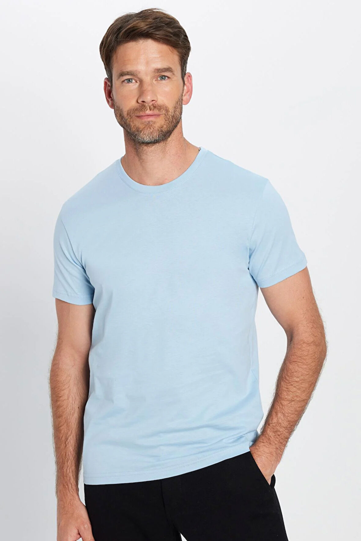 Unisex Slim Fit Dar Kesim %100 Pamuk Yumuşak Dokulu Mavi Bisiklet Yaka Tişört