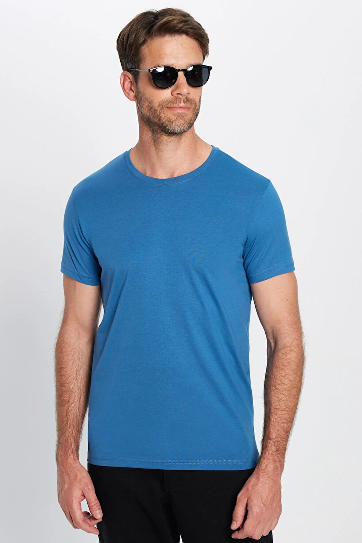 Unisex Slim Fit Dar Kesim %100 Pamuk Yumuşak Dokulu Mavi Bisiklet Yaka Tişört