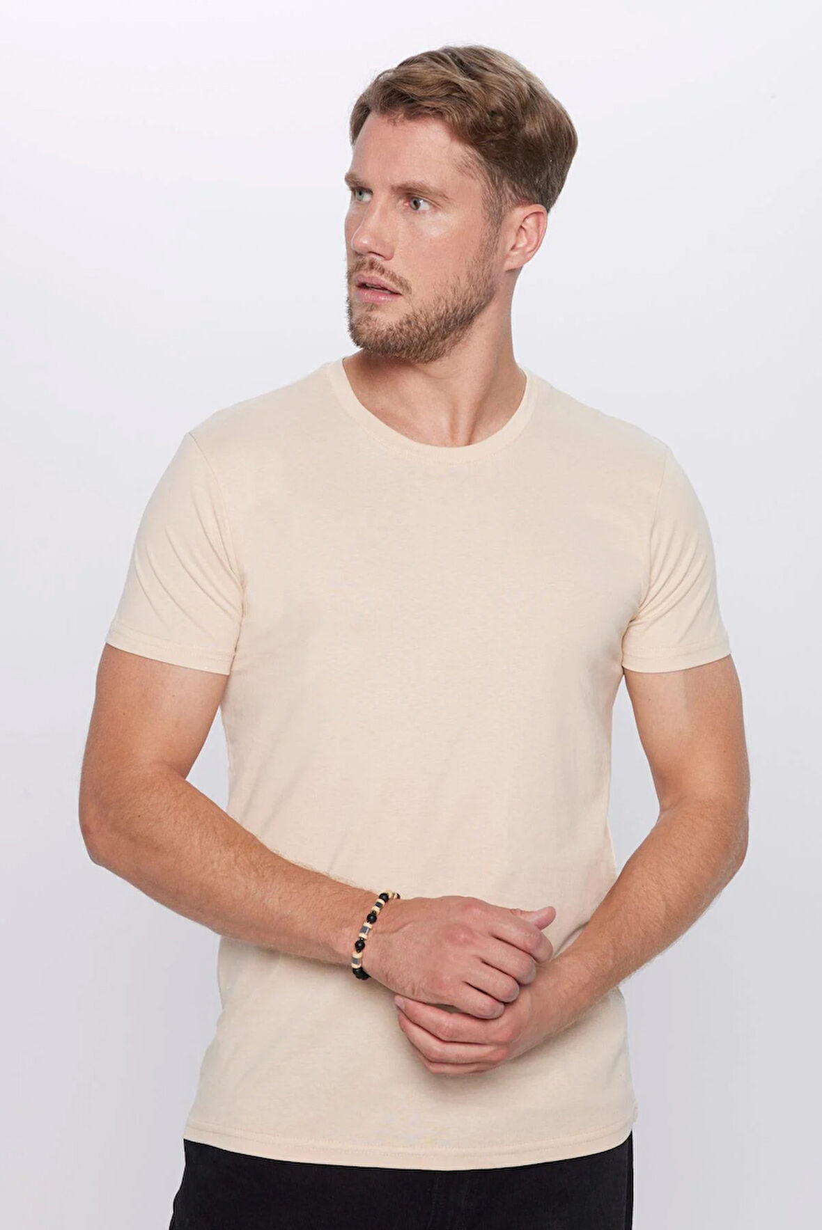 Unisex Slim Fit Dar Kesim %100 Pamuk Yumuşak Dokulu Krem Renk Bisiklet Yaka Tişört