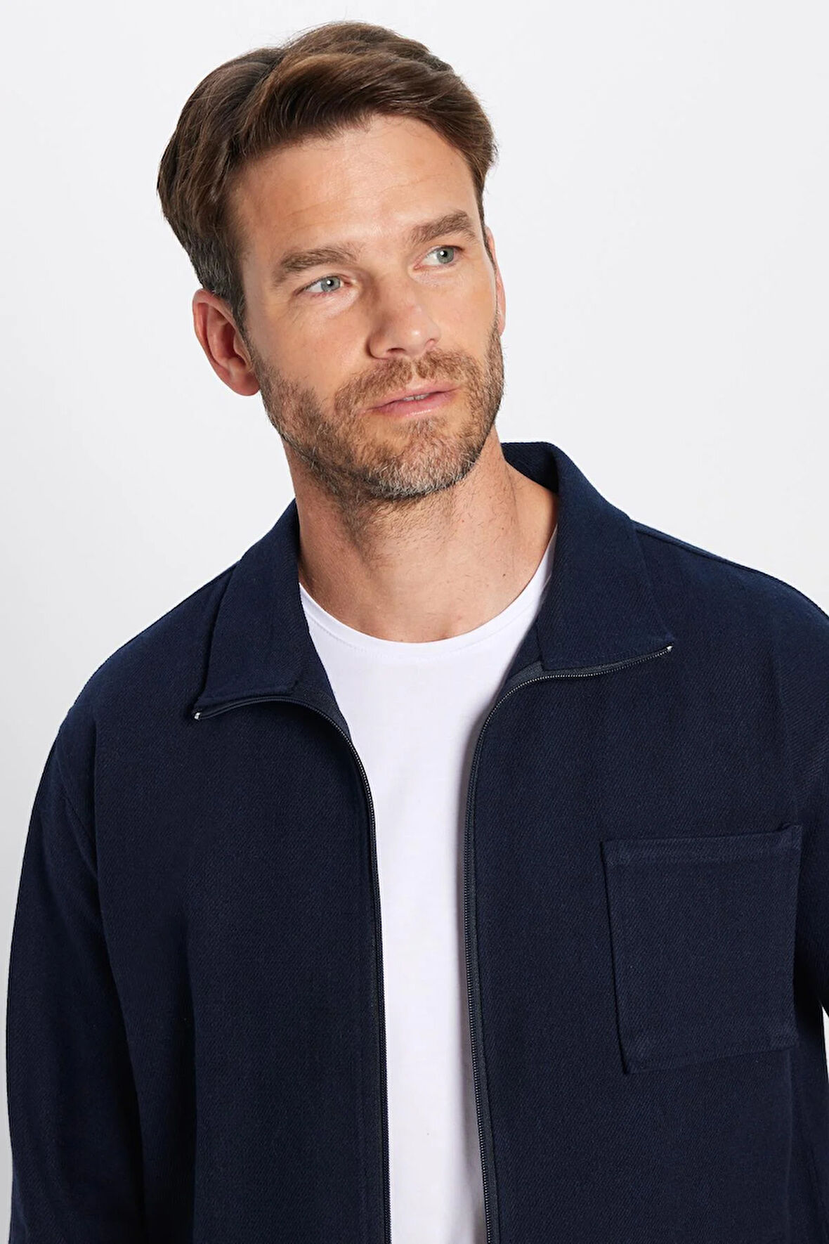 Unisex Relax Fit Rahat Kesim Fermuarlı Cepli Kışlık Lacivert Dik Yaka Overshirt Ceket Tarzı Gömlek