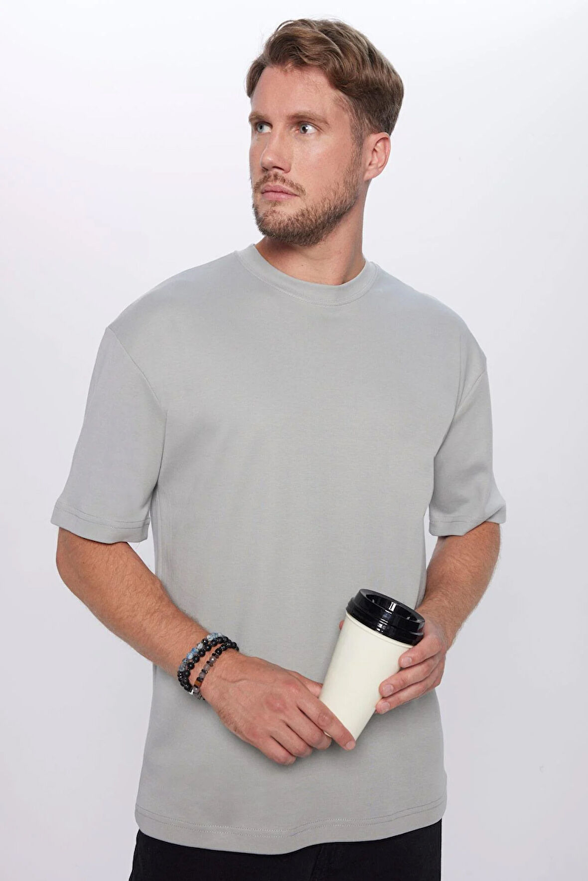 Unisex Oversize Geniş Kesim %100 Pamuk Yumuşak Dokulu Basic Bisiklet Yaka Gri Tişört