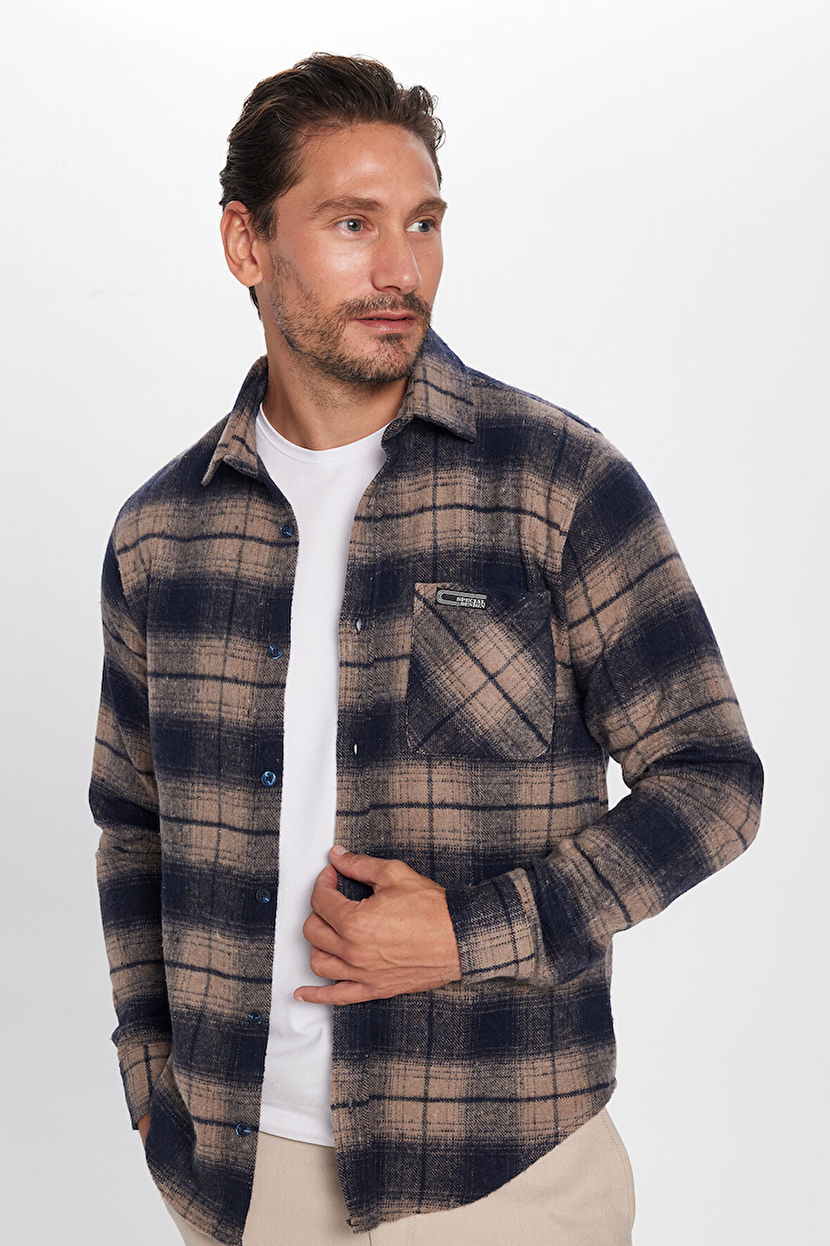 Erkek Slim Fit Dar Kesim Oduncu Tek Cep Kareli Kışlık Gömlek