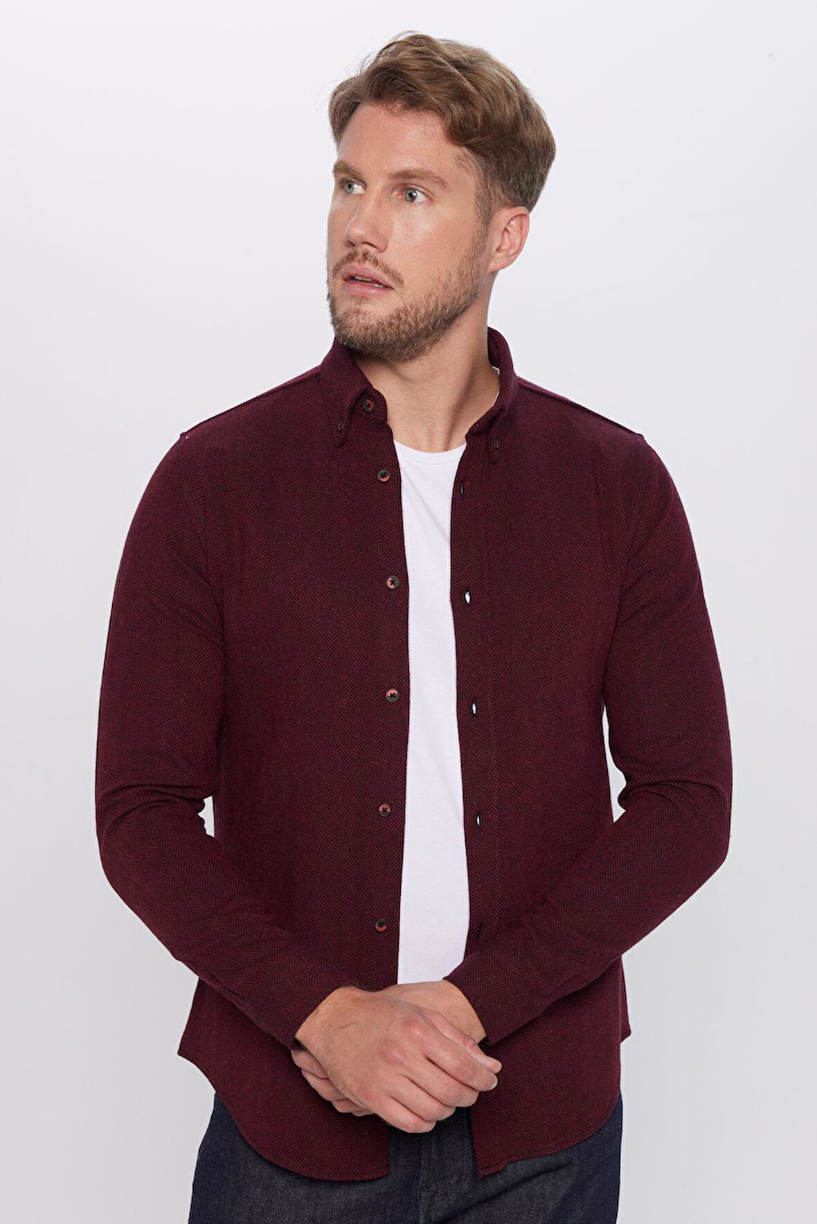 Erkek Slim Fit Dar Kesim Oduncu Düz Bordo Düğmeli Yaka Kışlık Gömlek