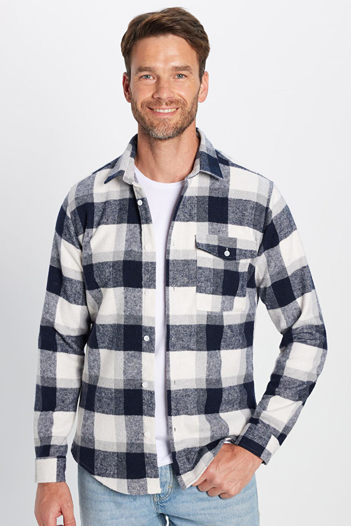 Erkek Slim Fit Dar Kesim Oduncu Tek Cepli Kareli Kışlık Gömlek