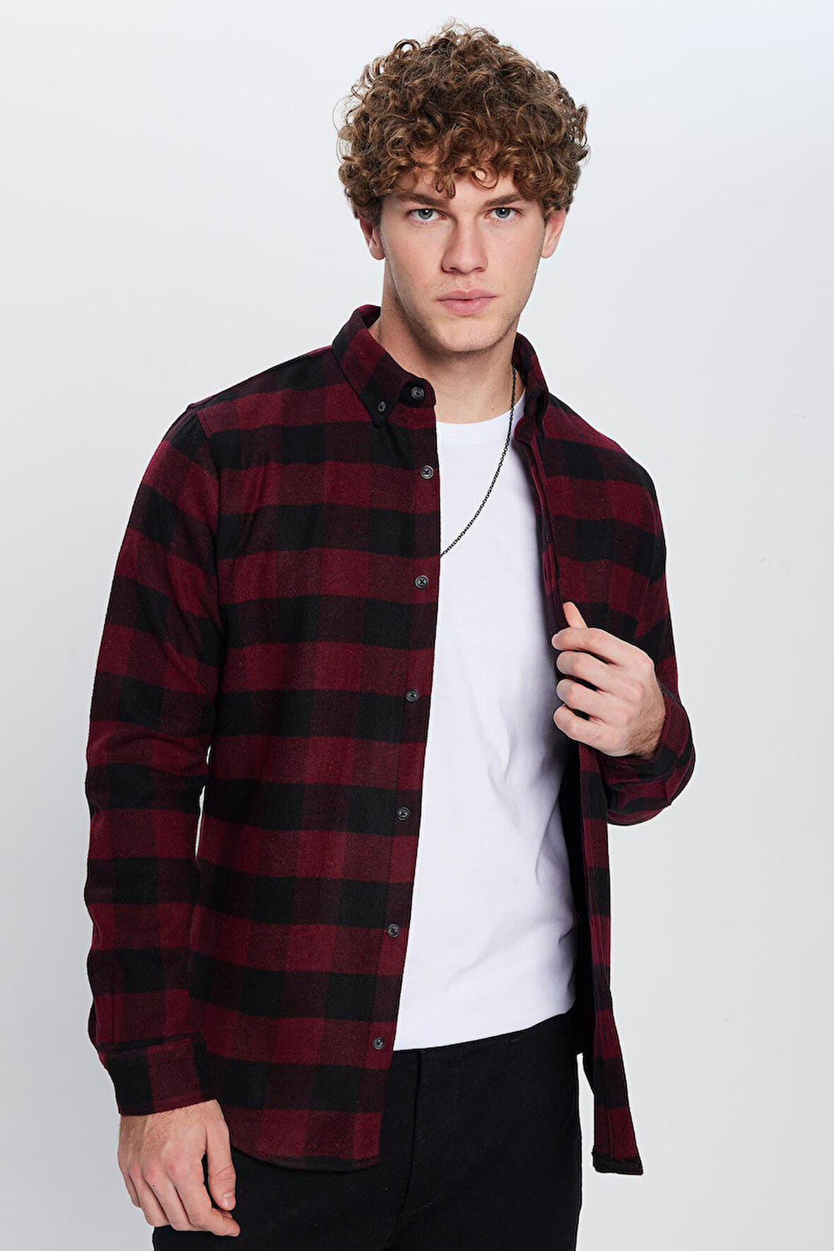 Erkek Slim Fit Dar Kesim Oduncu Düğmeli Yaka Kareli Kışlık Gömlek