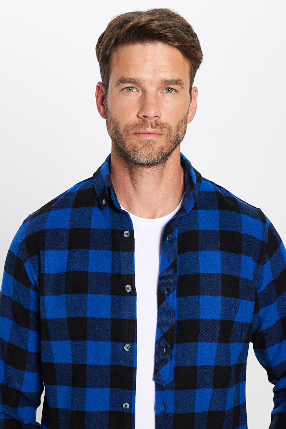 Erkek Slim Fit Dar Kesim Oduncu Düğmeli Yaka Kareli Kışlık Gömlek