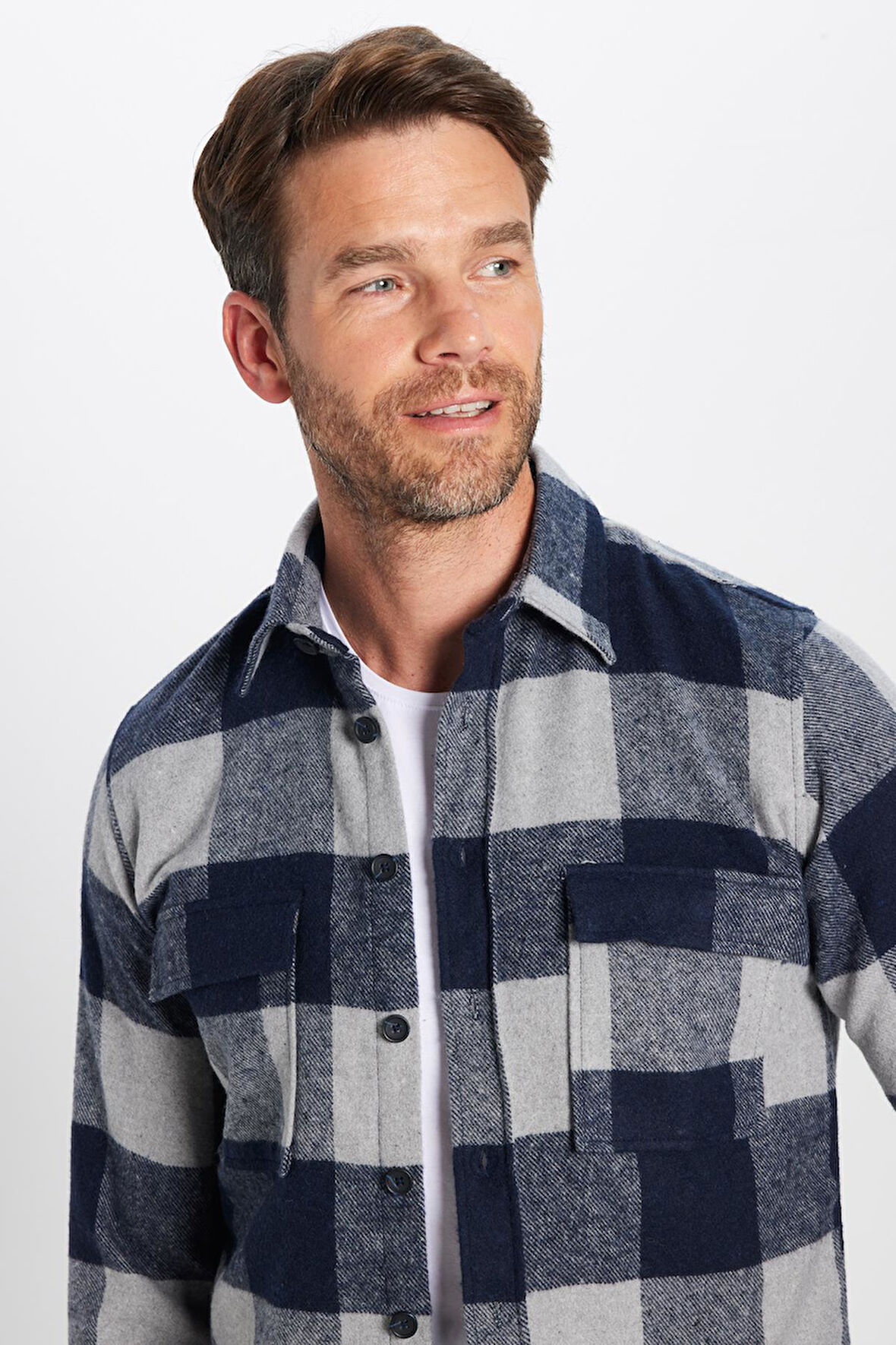 Unisex Slim Fit Dar Kesim Oduncu Çift Cep Kapaklı Kareli Kışlık Gömlek