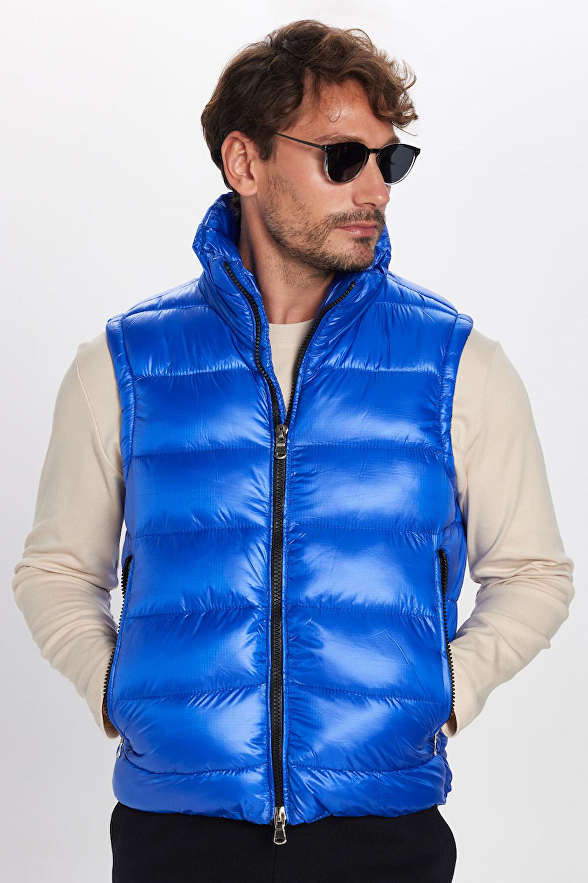 Erkek Standart Fit Dik Yaka Cepli Fermuarlı Saks Mavi Şişme Yelek