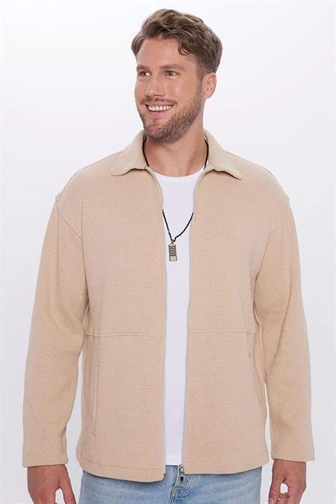 Unisex Relax Fit Rahat Kesim Örme Fermuarlı Çift Cepli Bej Kışlık Gömlek