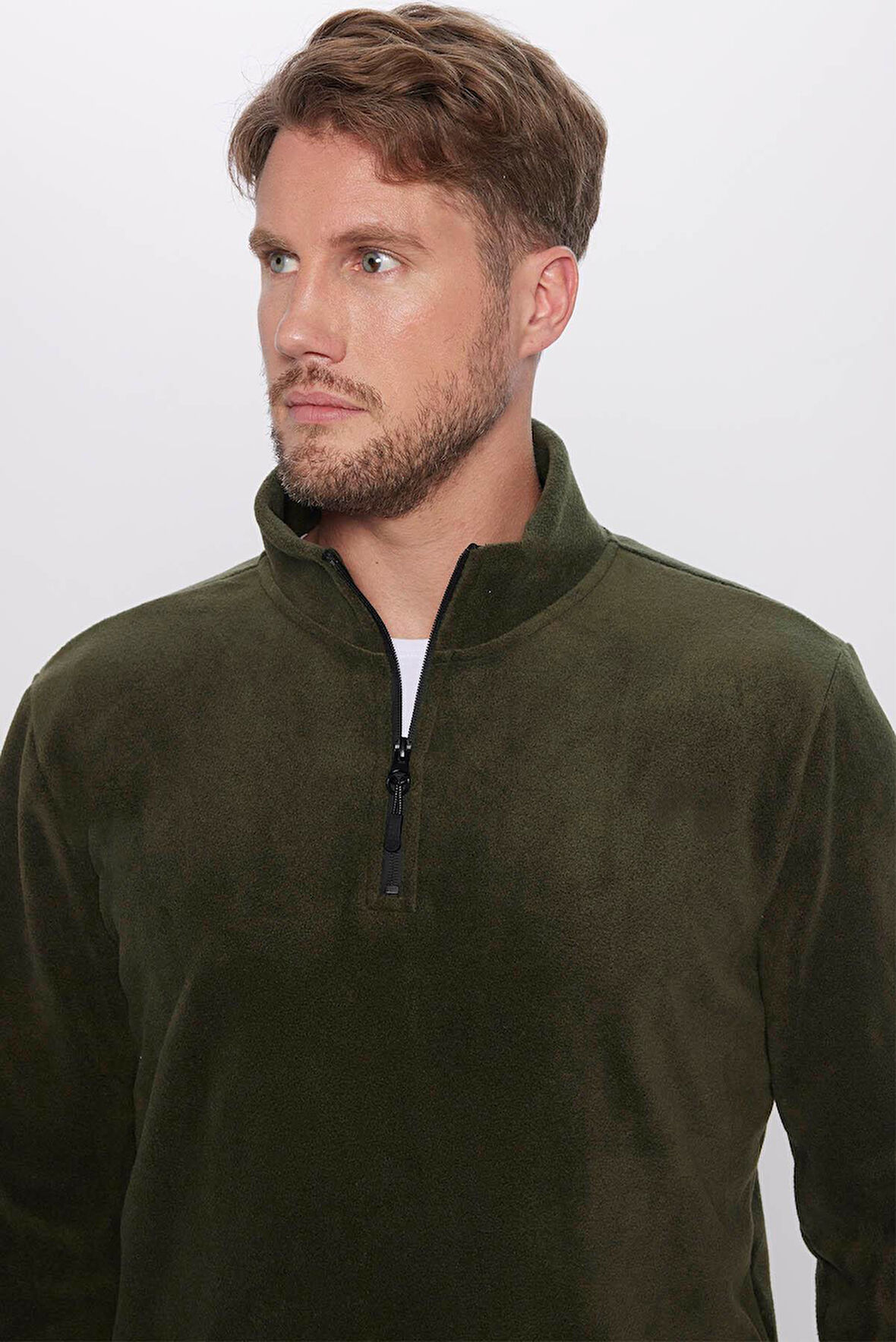 Unisex Standart Fit Rahat Kesim Tüylenme Yapmayan Soğuk Geçirmez Koyu Haki Dik Yaka Polar Sweatshirt