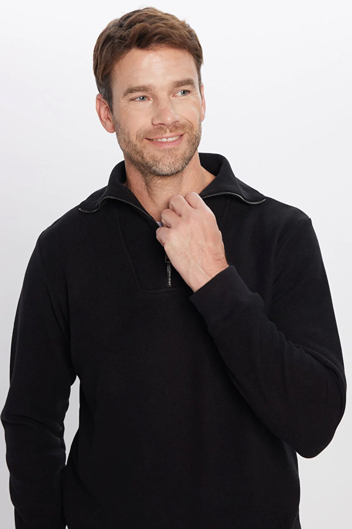 Unisex Relax Fit Rahat Kesim Fitilli Desenli Pamuklu Yarım Fermuarlı Siyah Dik Yaka Sweatshirt