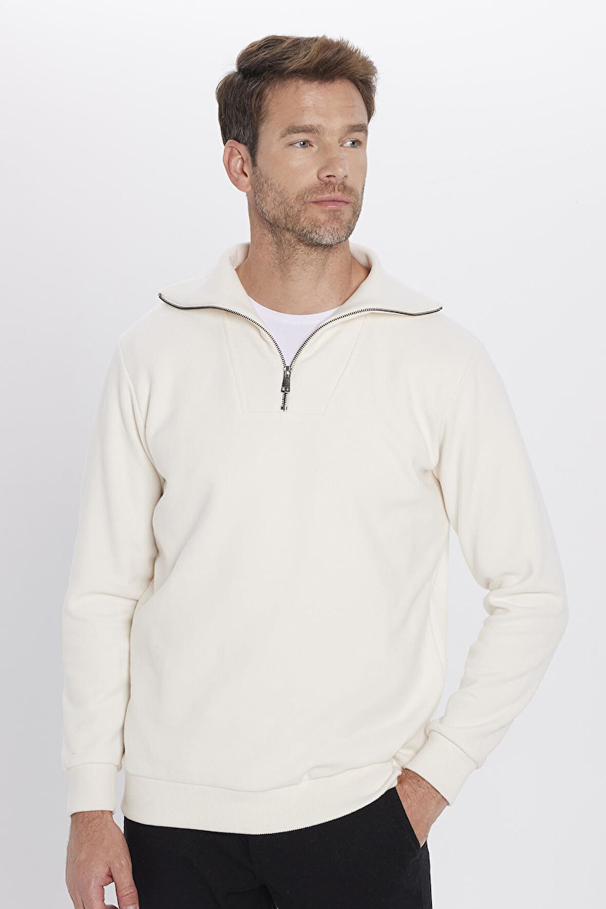 Unisex Relax Fit Rahat Kesim Fitilli Desenli Pamuklu Yarım Fermuarlı Ekru Dik Yaka Sweatshirt