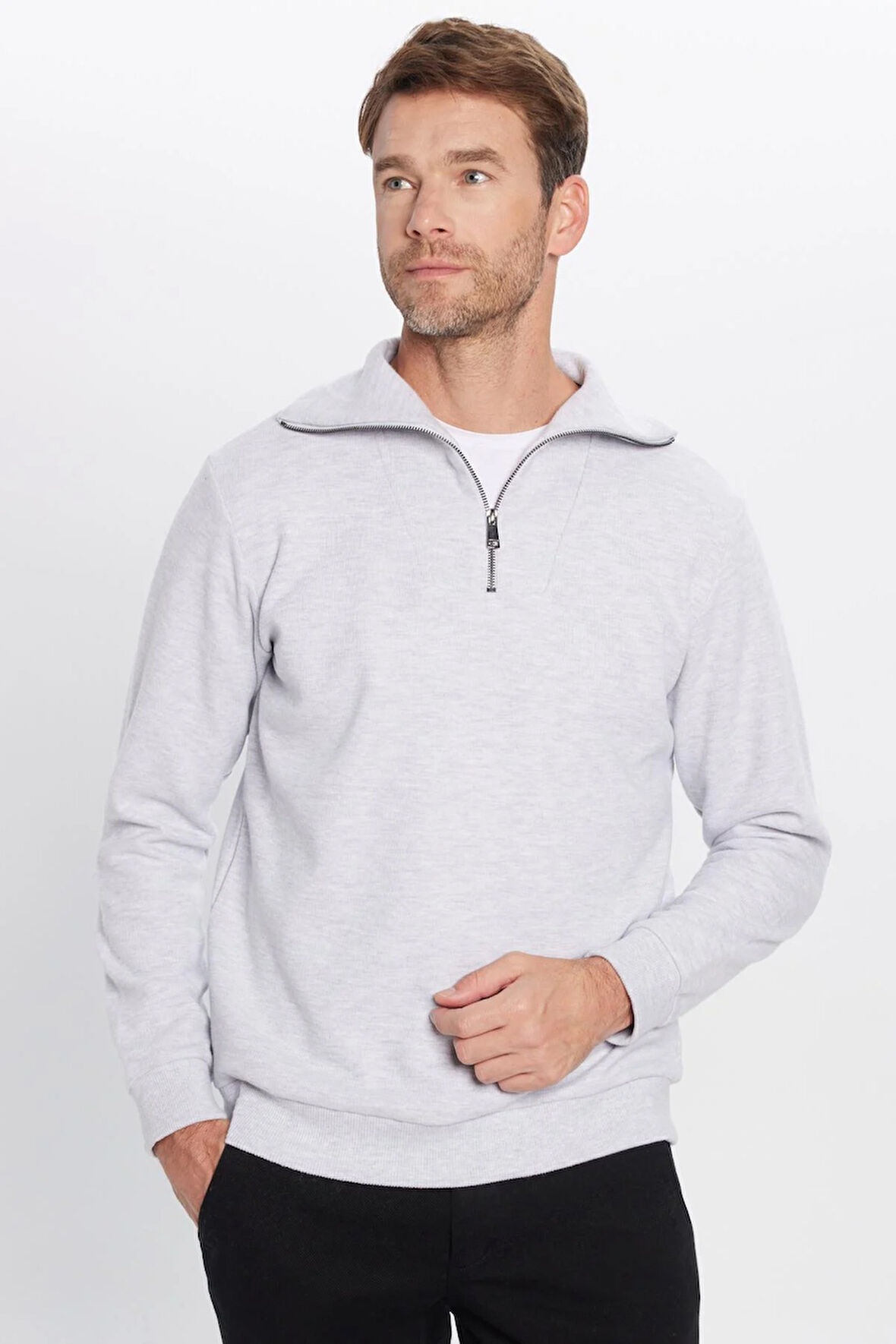 Unisex Relax Fit Rahat Kesim Fitilli Desenli Pamuklu Yarım Fermuarlı Gri Dik Yaka Sweatshirt