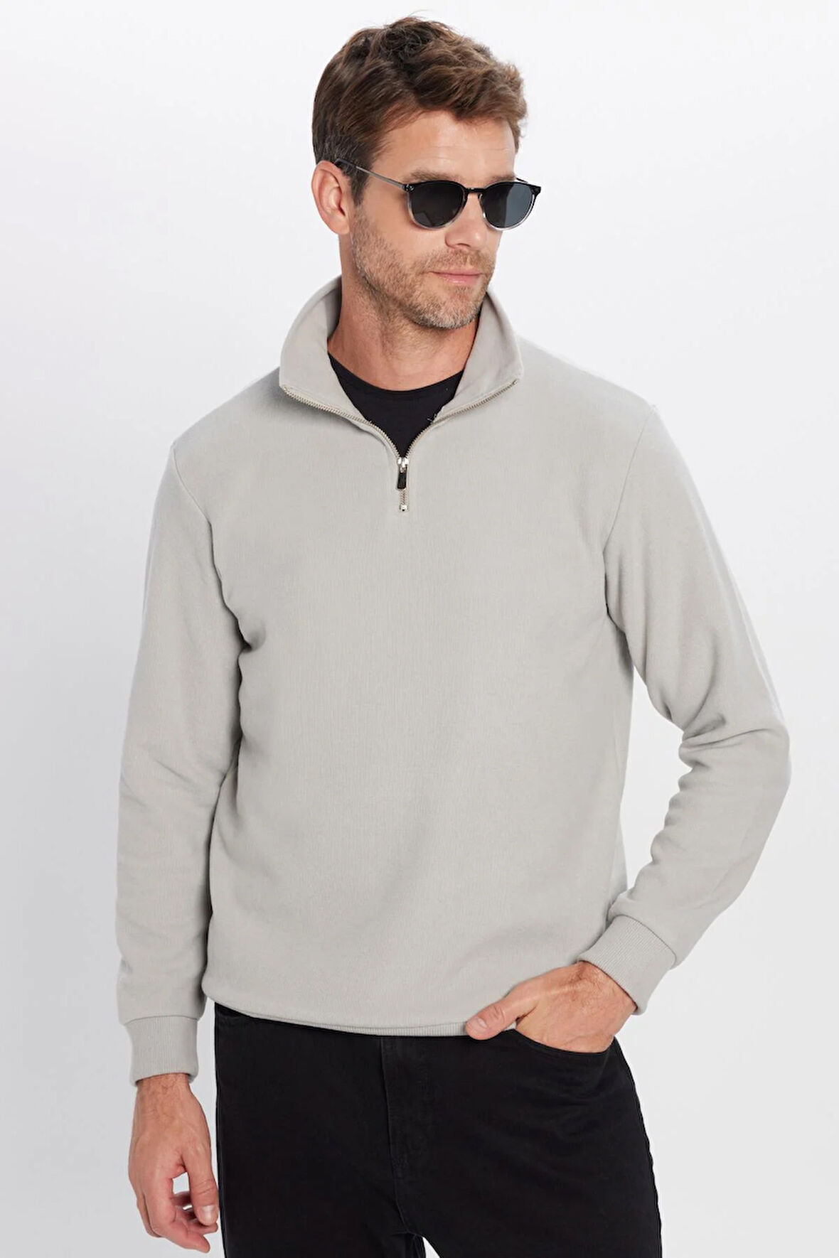 Unisex Relax Fit Rahat Kesim Pamuklu Yarım Fermuarlı Gri Dik Yaka Sweatshirt