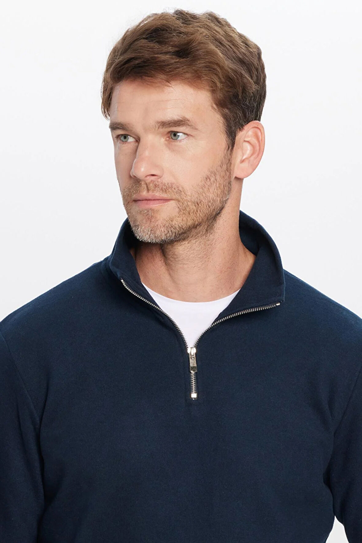 Unisex Relax Fit Rahat Kesim Pamuklu Yarım Fermuarlı Lacivert Dik Yaka Sweatshirt