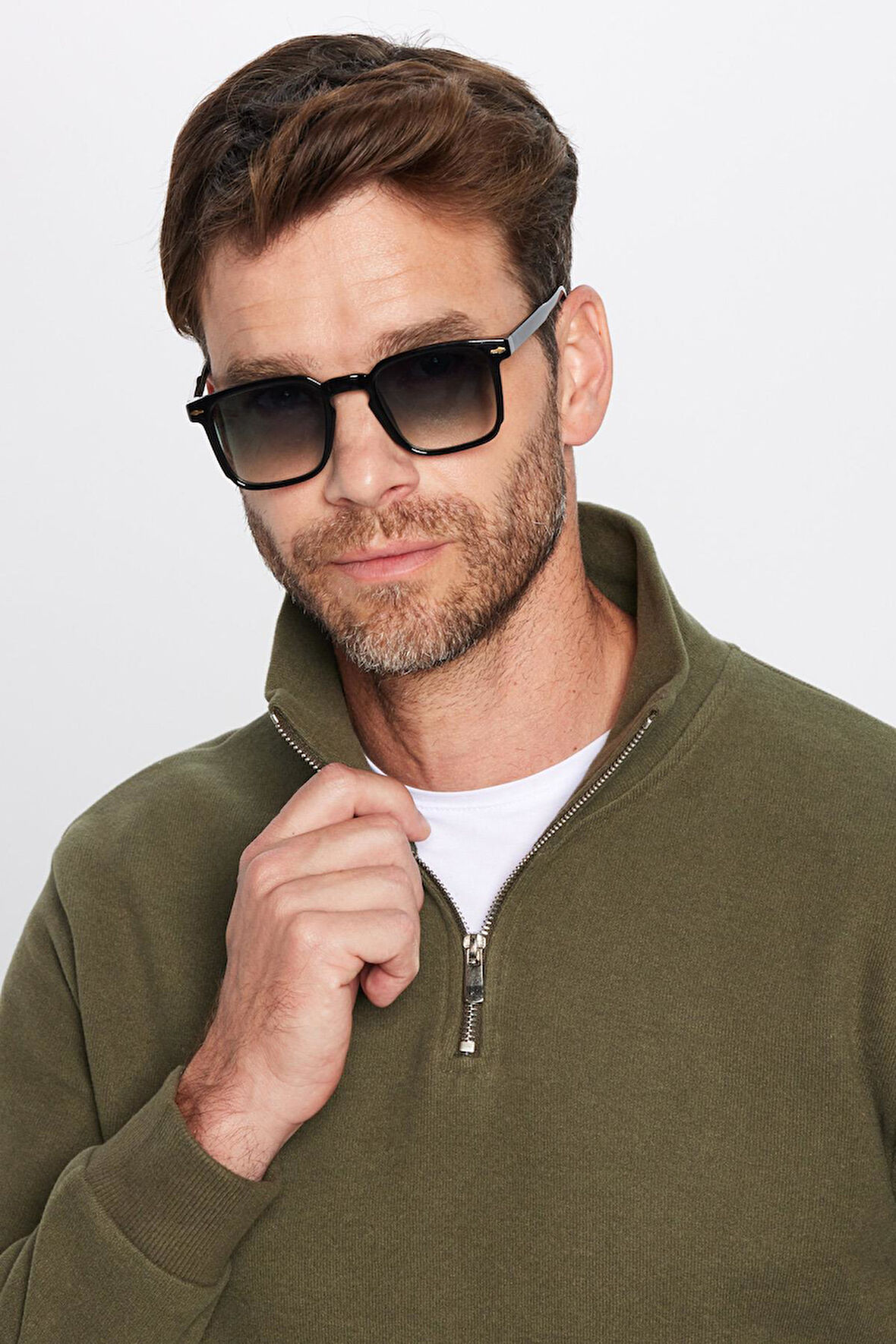 Unisex Relax Fit Rahat Kesim Pamuklu Yarım Fermuarlı Haki Dik Yaka Sweatshirt