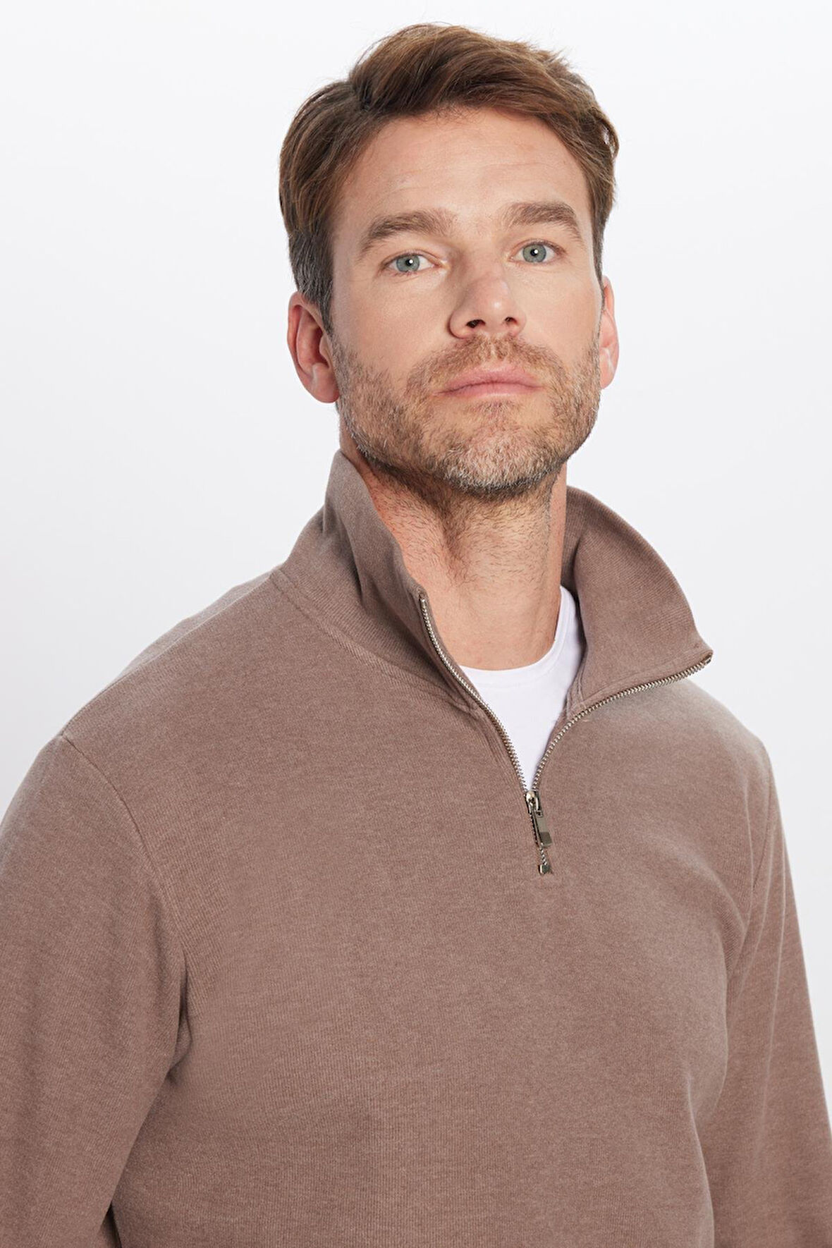 Unisex Relax Fit Rahat Kesim Fitilli Desenli Pamuklu Yarım Fermuarlı Kahverengi Dik Yaka Sweatshirt