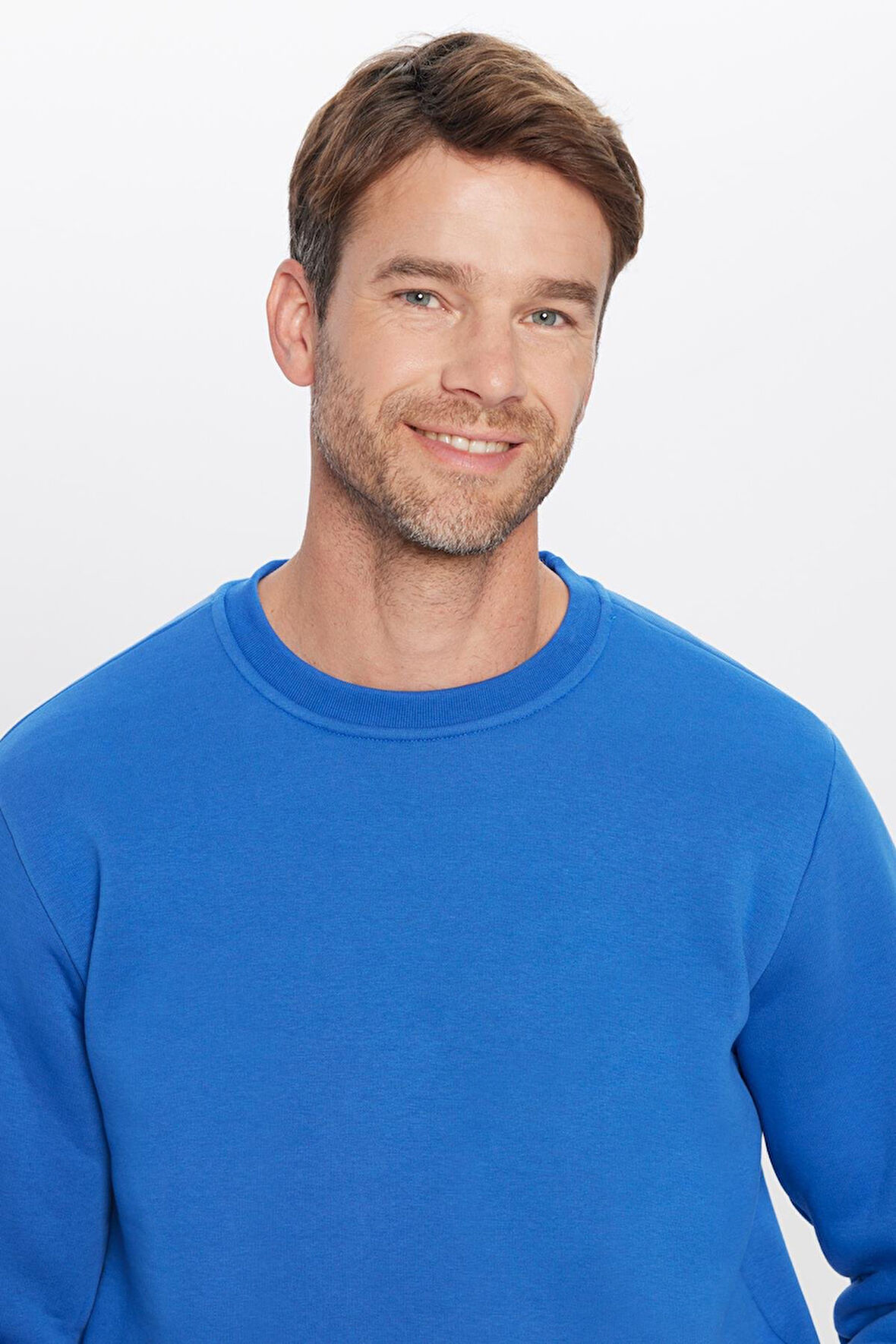 Unisex Oversize Geniş Kesim Pamuklu Yumuşak Dokulu Polarlı Basic Saks Mavi Bisiklet Yaka Sweatshirt