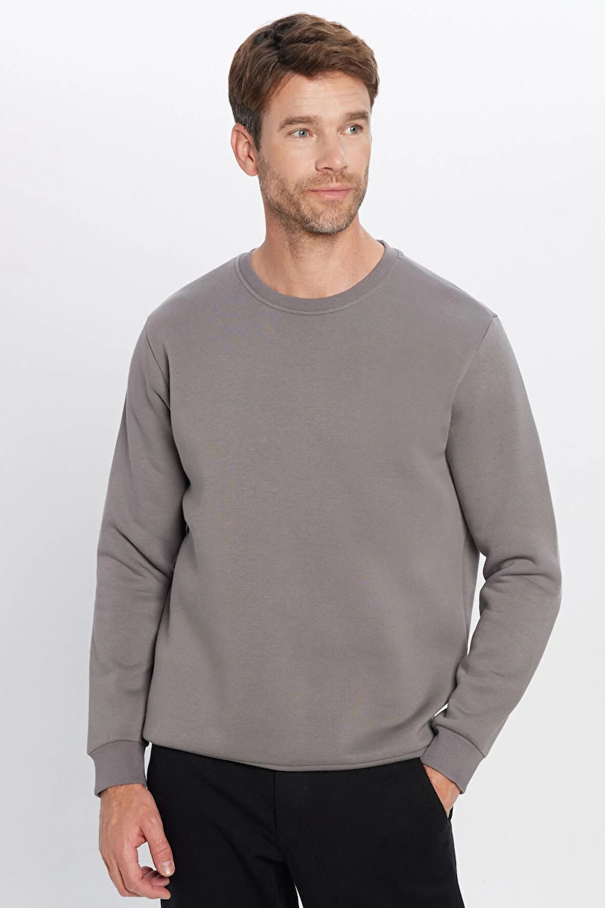 Unisex Oversize Geniş Kesim Pamuklu Yumuşak Dokulu İçi Polarlı Basic Gri Bisiklet Yaka Sweatshirt