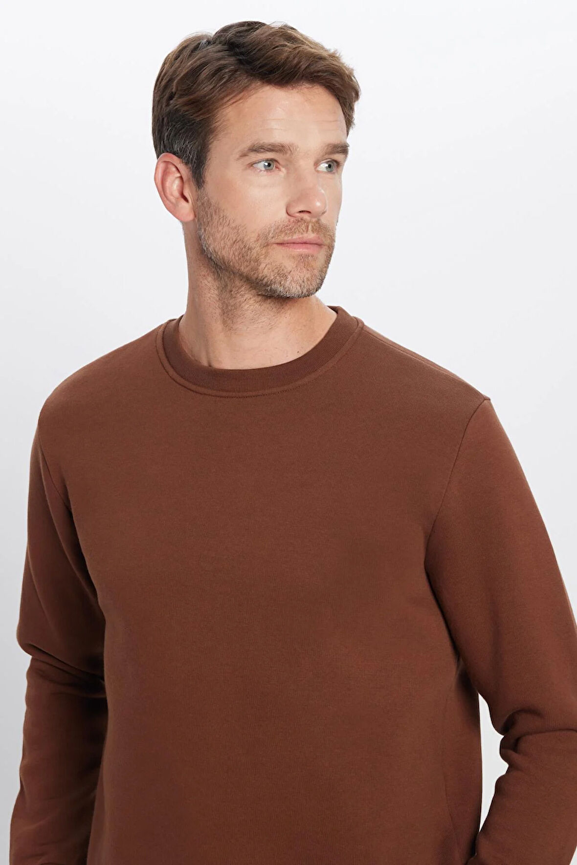 Unisex Oversize Geniş Kesim Pamuklu Yumuşak Dokulu Polarlı Basic Kahverengi Bisiklet Yaka Sweatshirt