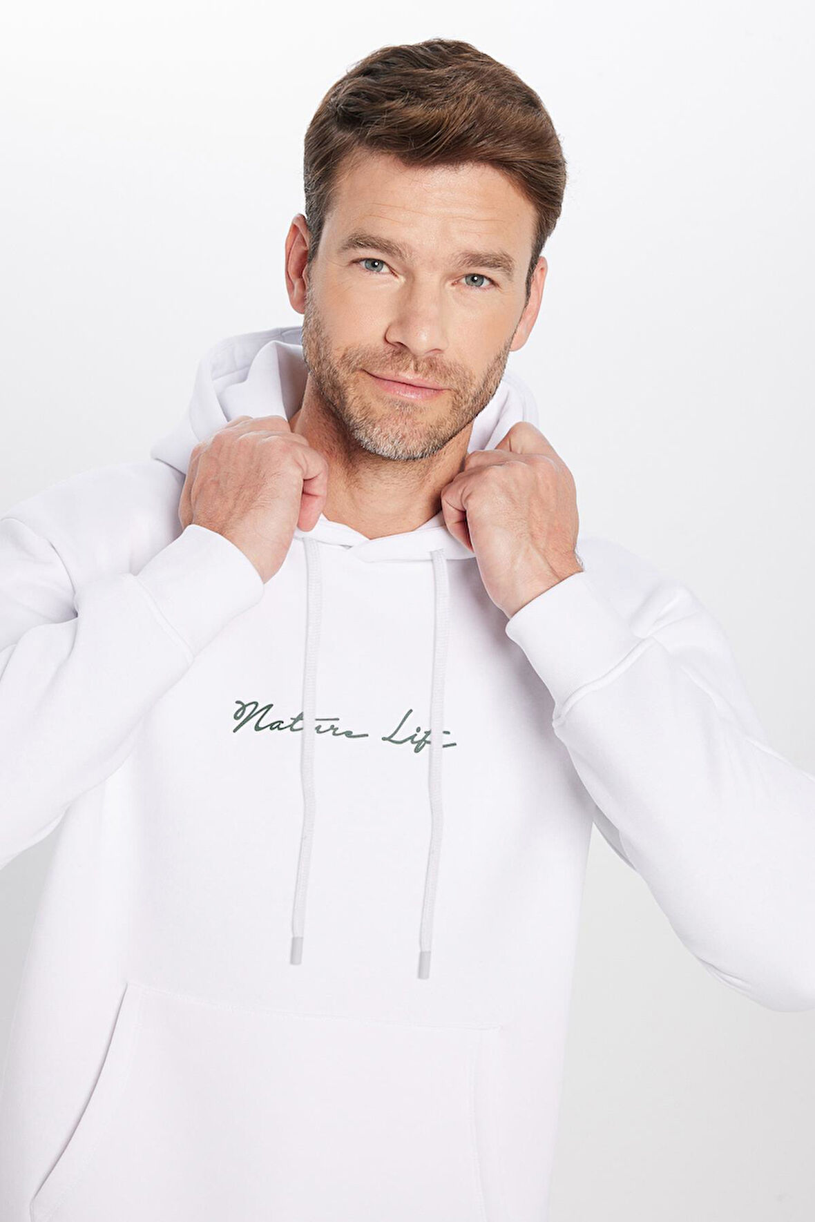 Unisex Oversize Geniş Kesim Pamuklu Yumuşak Dokulu İçi Polarlı Baskılı Beyaz Kapüşonlu Sweatshirt