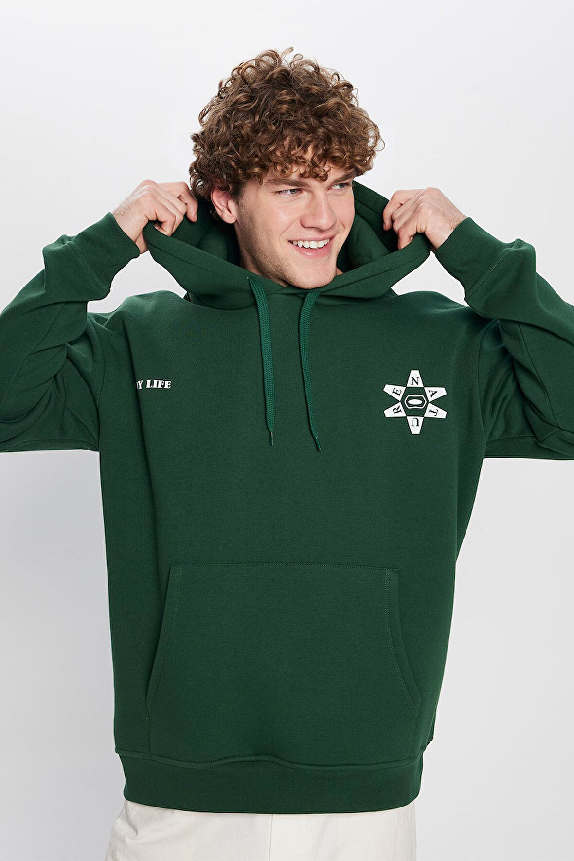 Unisex Oversize Geniş Kesim Pamuklu Yumuşak Dokulu İçi Polarlı Baskılı Yeşil Kapüşonlu Sweatshirt