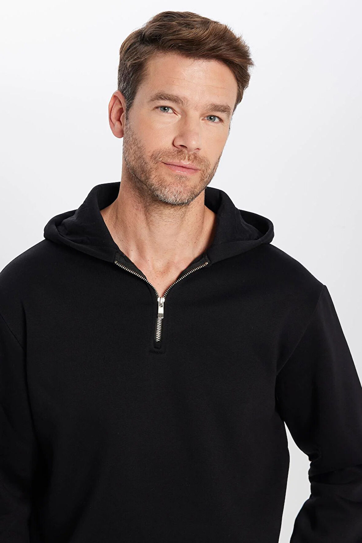 Unisex Relax Fit Rahat Kesim Pamuklu İçi Polarlı Yarım Fermuarlı Siyah Kapüşonlu Sweatshirt