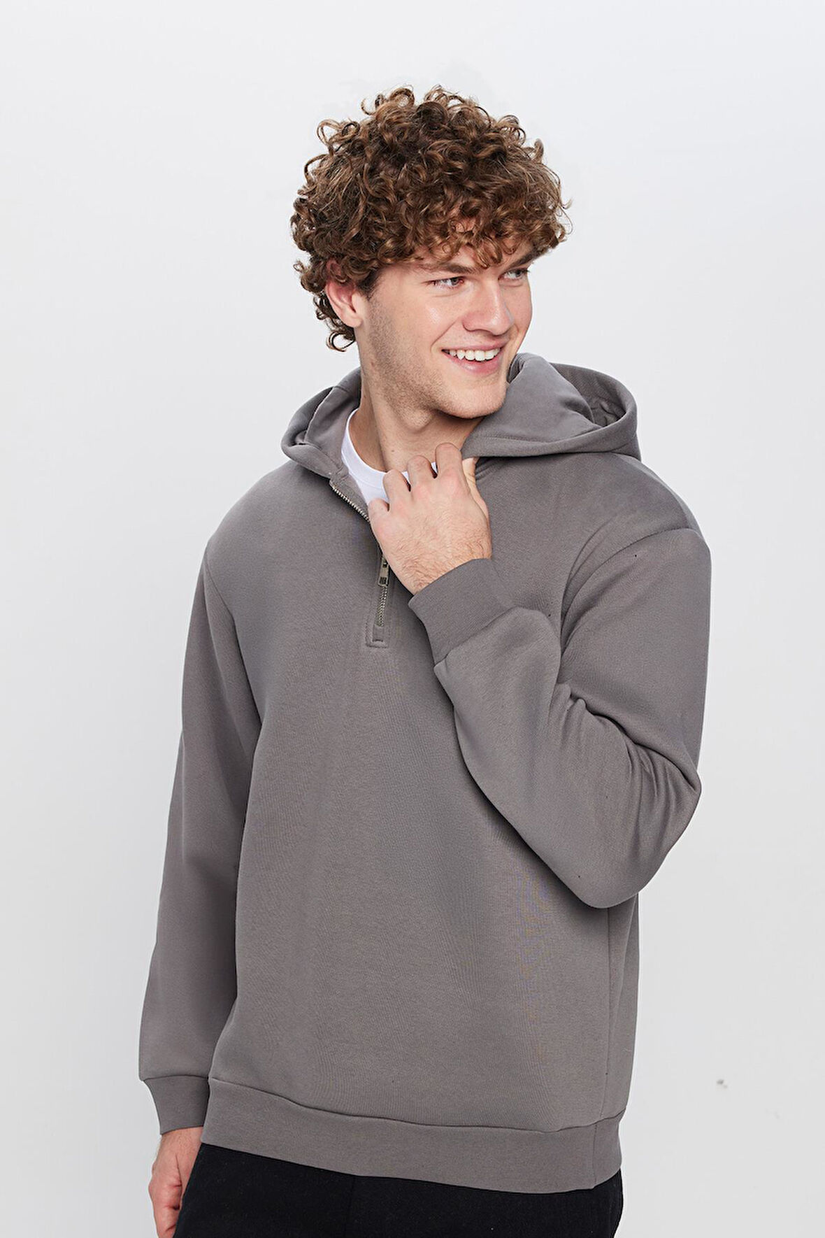 Unisex Relax Fit Rahat Kesim Pamuklu İçi Polarlı Yarım Fermuarlı Gri Kapüşonlu Sweatshirt