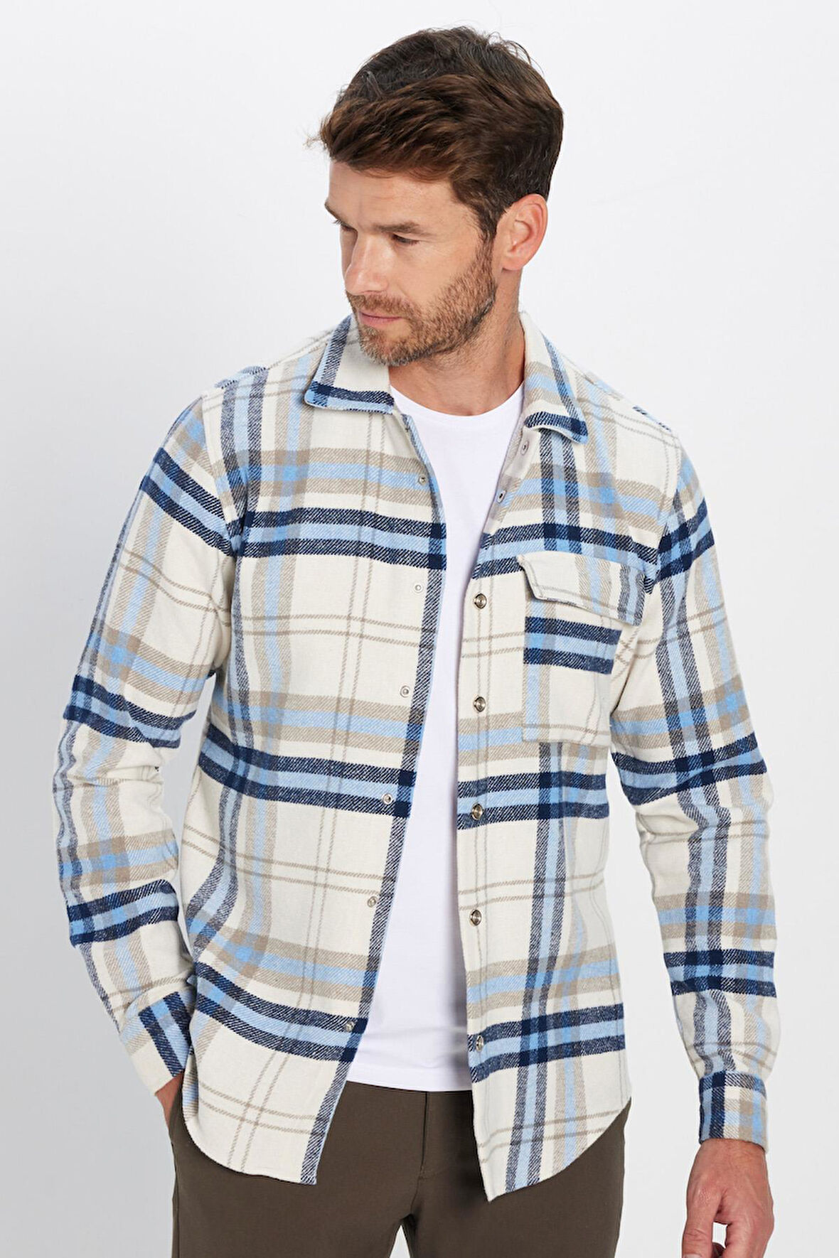 Slim Fit Kapaklı Tek Cep Çıtçıtlı Düğme Kareli Oduncu Erkek Gömlek