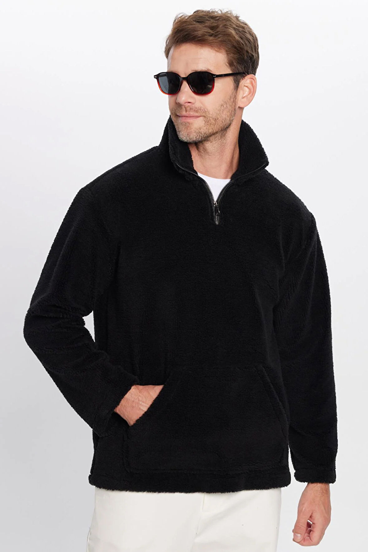 Unisex Relax Fit Rahat Kesim Yarım Fermuarlı Kanguru Cepli Siyah Dik Yaka Peluş Sweatshirt