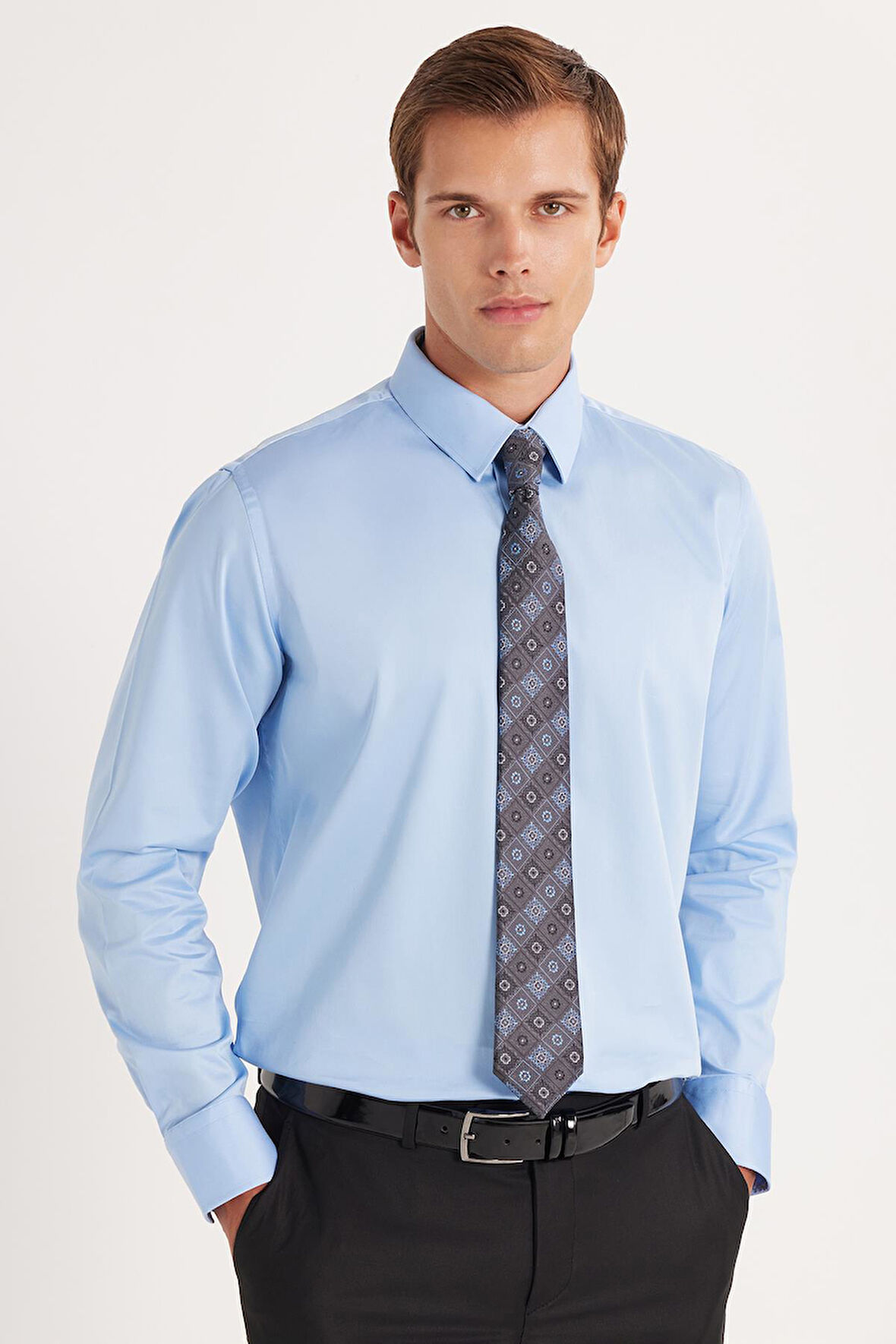 Erkek Slim Fit  Premium Likralı Pamuk Saten Mavi Gömlek