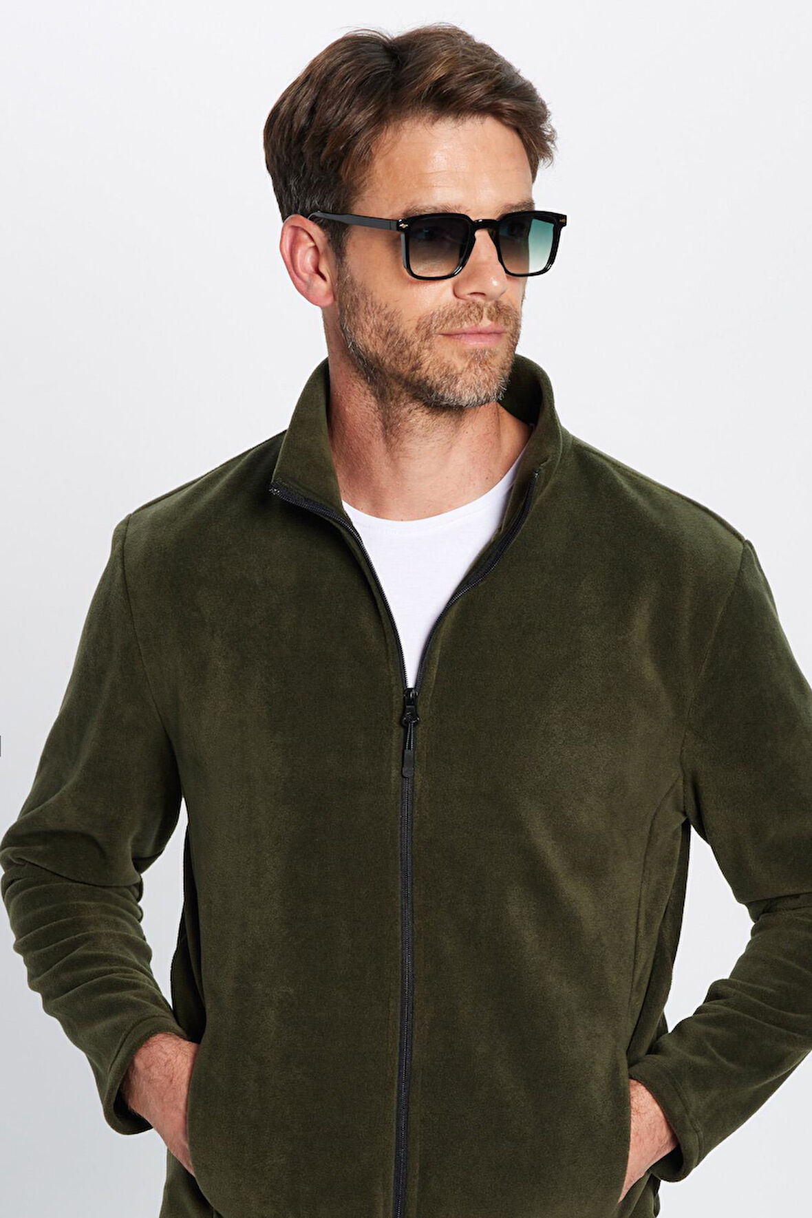 Unisex Haki Anti-pilling Tüylenme Yapmayan Standart Fit Tam Fermuarlı Soğuk Geçirmez Polar Hırka