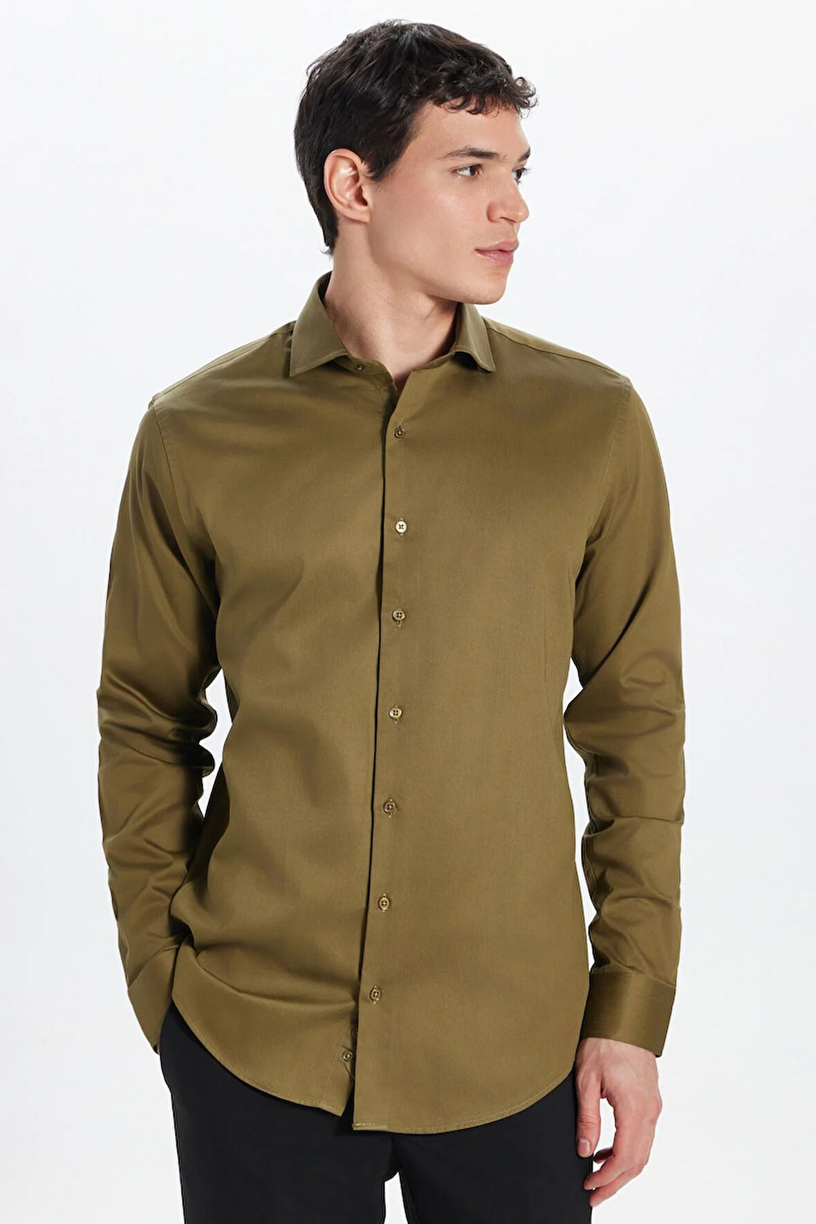 Erkek Slim Fit Dar Kesim %100 Pamuk Koton Saten Premium Seri Yeşil Gömlek