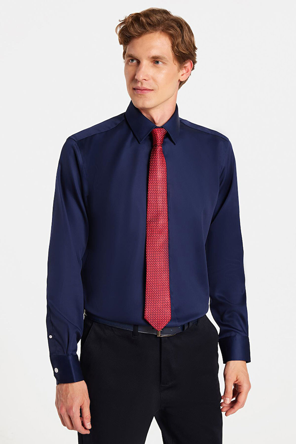 Slim Fit Lacivert Non-Iron %100 Pamuk Doğa Dostu Ekoteks Belgeli Ütü Gerektirmez Gömlek