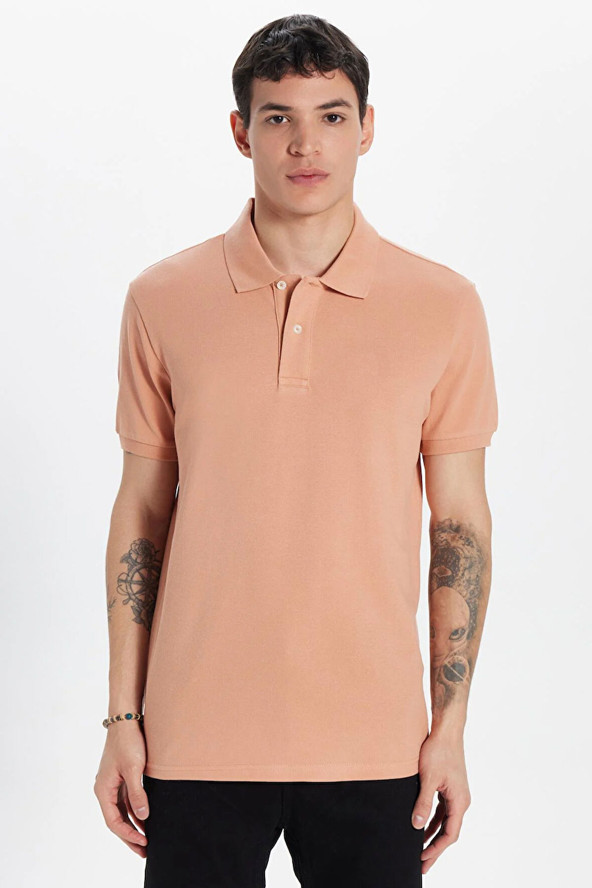 Erkek Slim Fit Dar Kesim %100 Pamuk Somon Polo Yaka Tişört