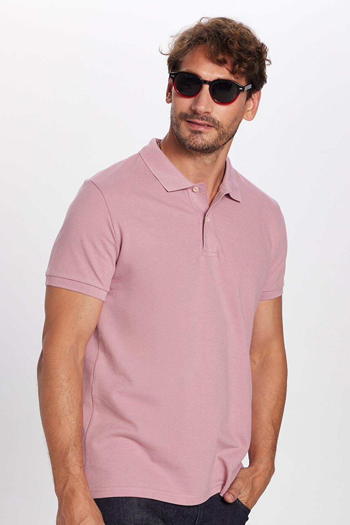 Erkek Slim Fit Dar Kesim %100 Pamuk Gül Kurusu Polo Yaka Tişört