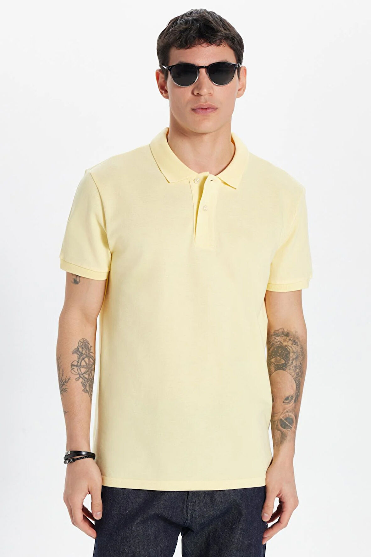 Erkek Slim Fit Dar Kesim %100 Pamuk Sarı Polo Yaka Tişört