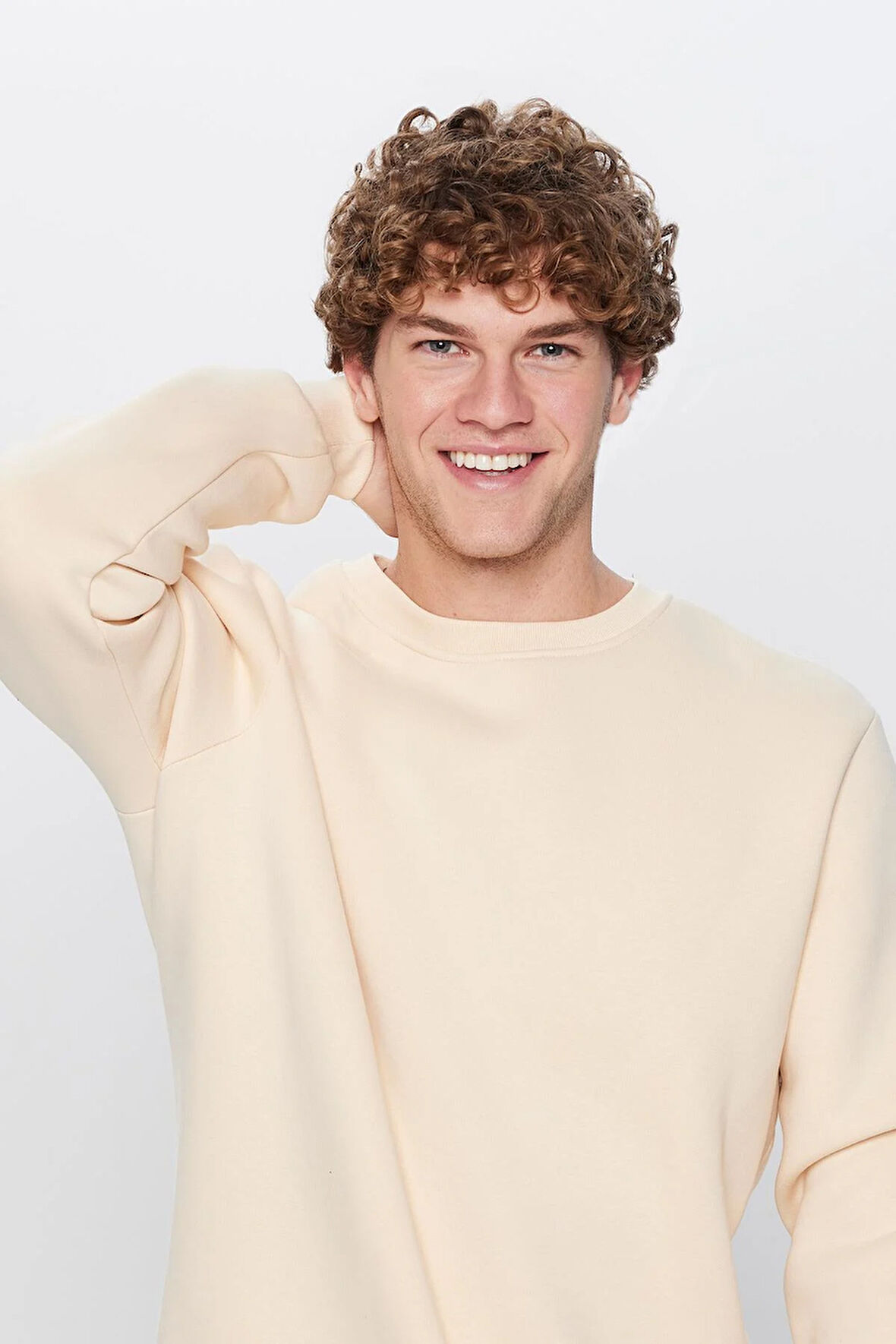 Unisex Oversize Geniş Kesim Pamuklu Yumuşak Dokulu İçi Polarlı Bej Renk Bisiklet Yaka Sweatshirt