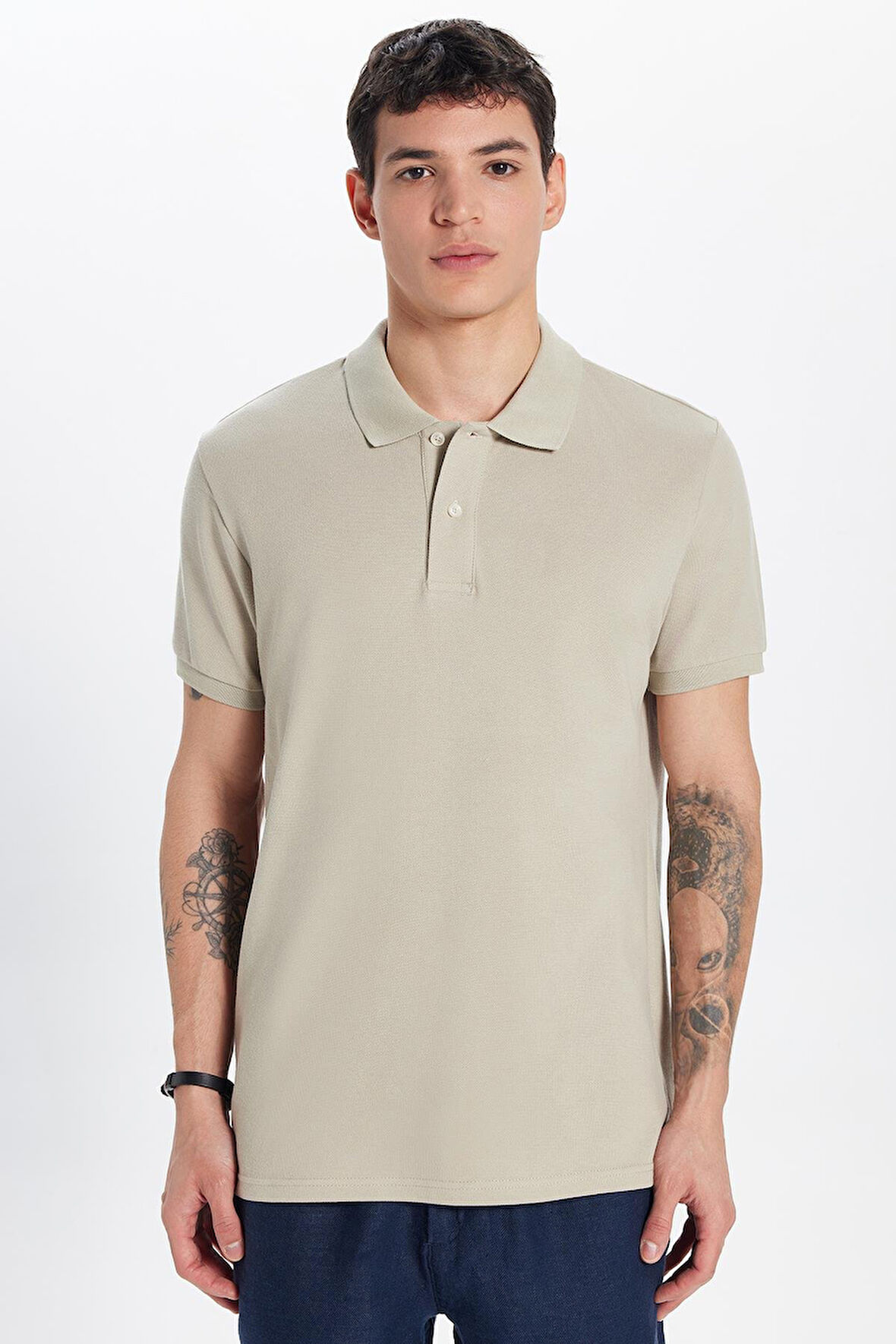Erkek Slim Fit Dar Kesim %100 Pamuk Taş Polo Yaka Tişört