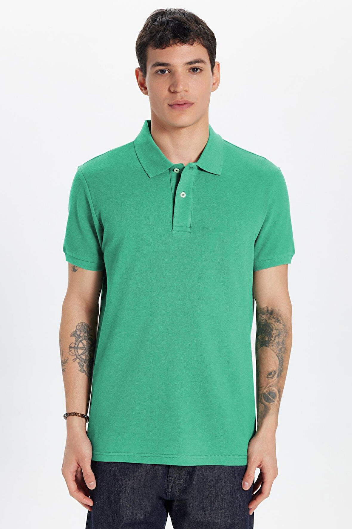 Erkek Slim Fit Dar Kesim %100 Pamuk Yeşil Polo Yaka Tişört