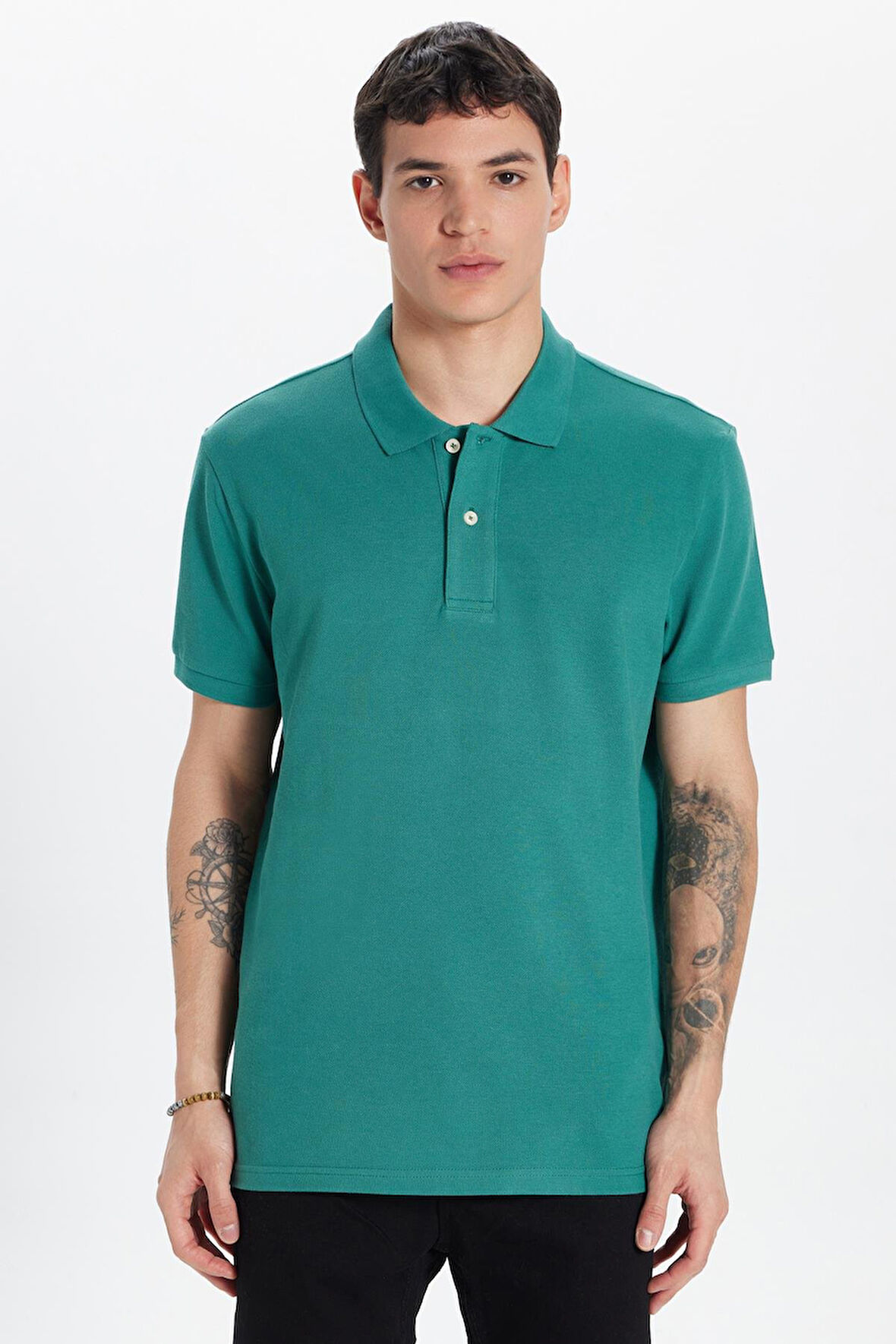 Erkek Slim Fit Dar Kesim %100 Pamuk Yeşil Polo Yaka Tişört